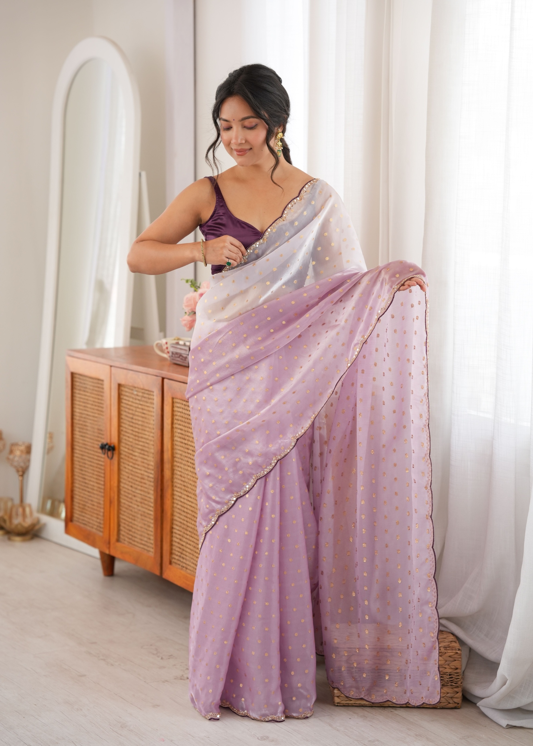Lavender Woven Butti Beads Fendy Satin Saree