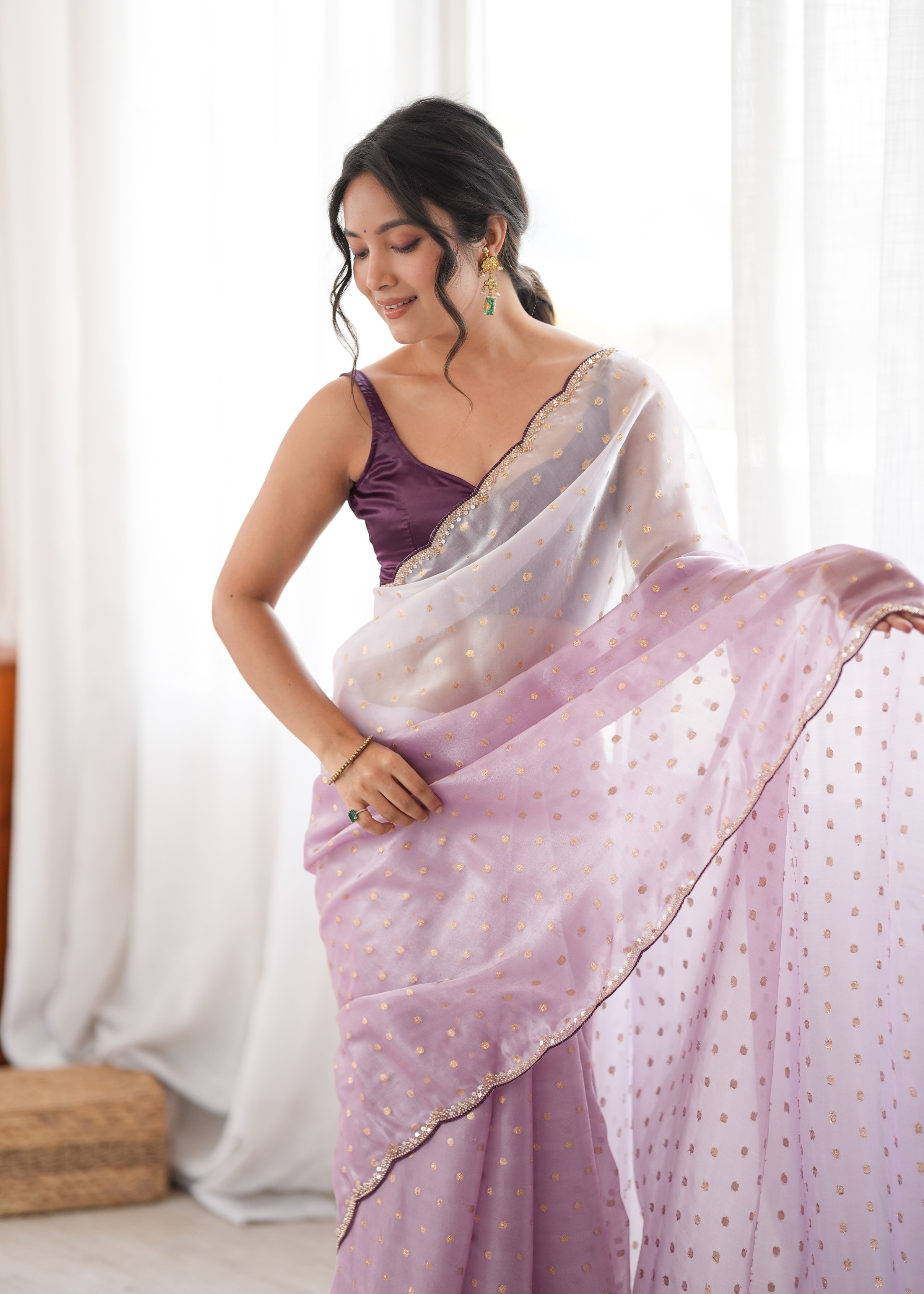 Lavender Woven Butti Beads Fendy Satin Saree