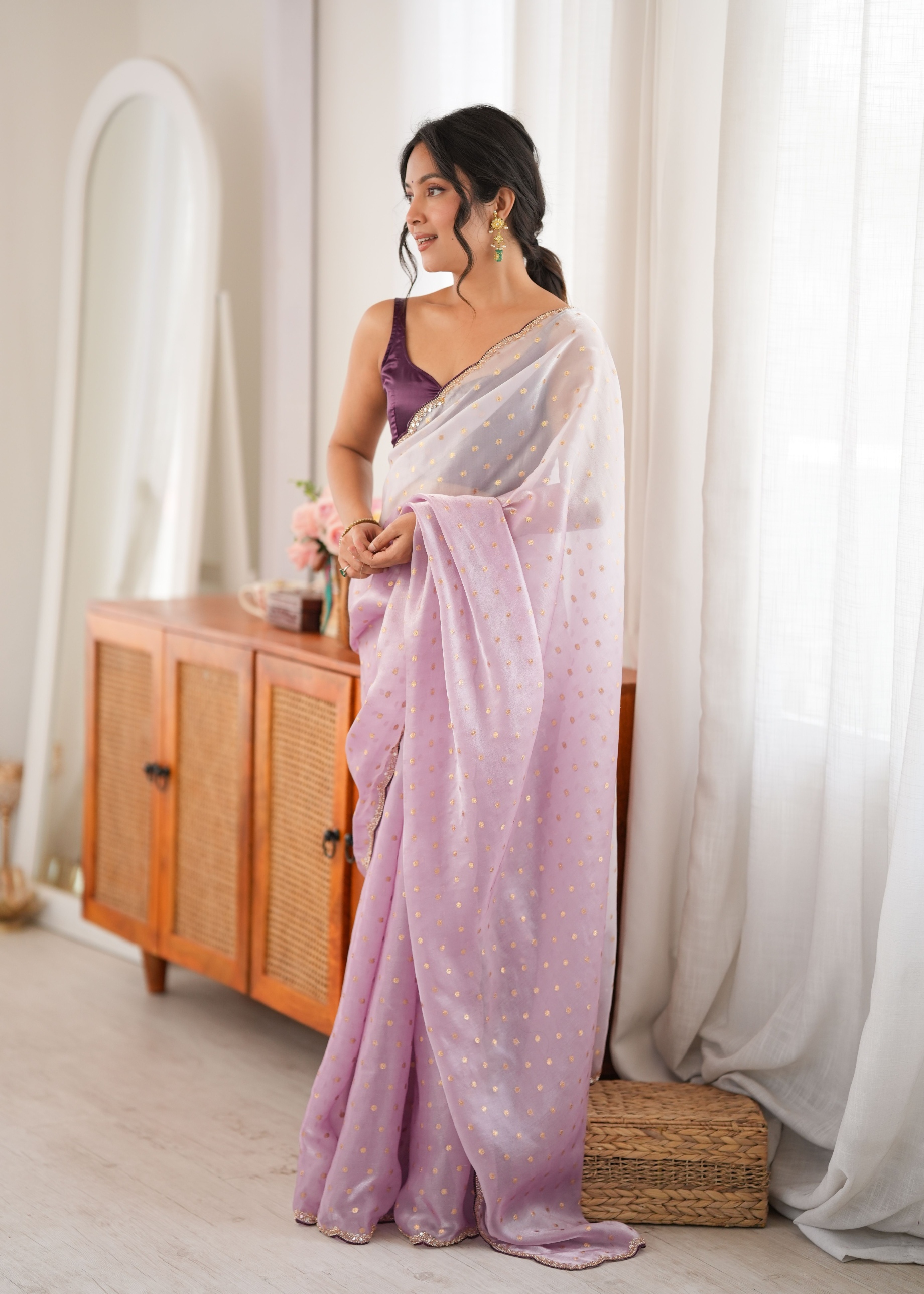 Lavender Woven Butti Beads Fendy Satin Saree