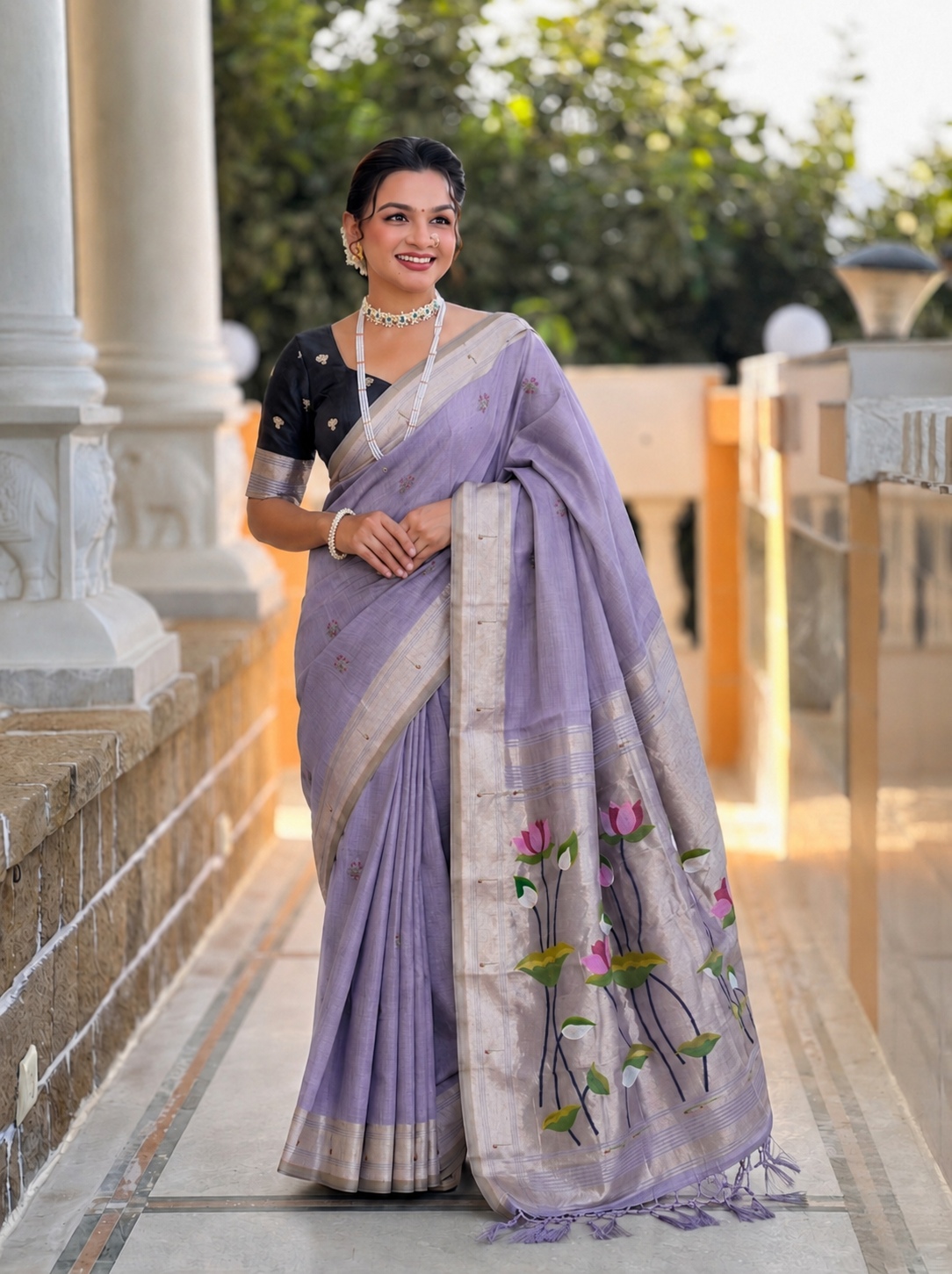 Lavender Woven Meenakari Cotton Silk Saree