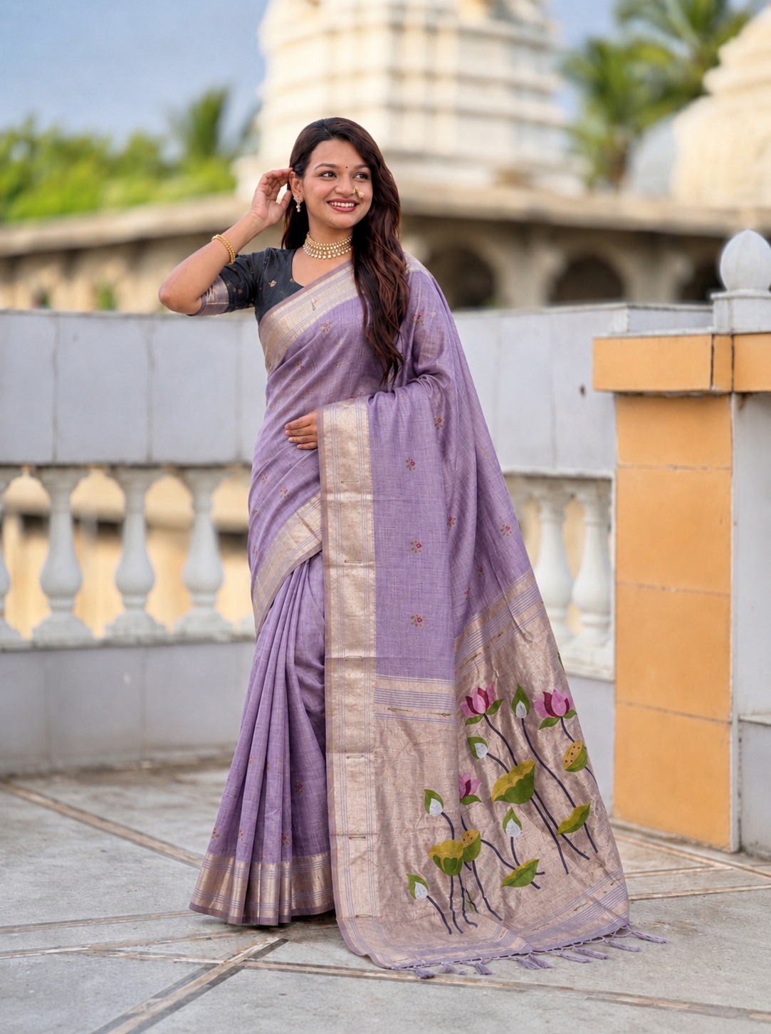Lavender Woven Meenakari Cotton Silk Saree