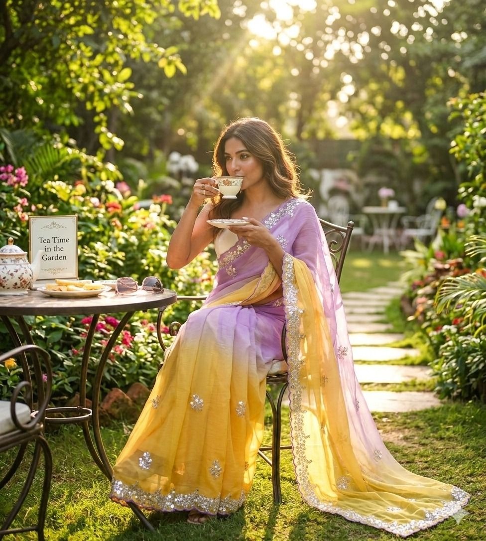 Lavender-Yellow Pixel Crush Saree — alternate view