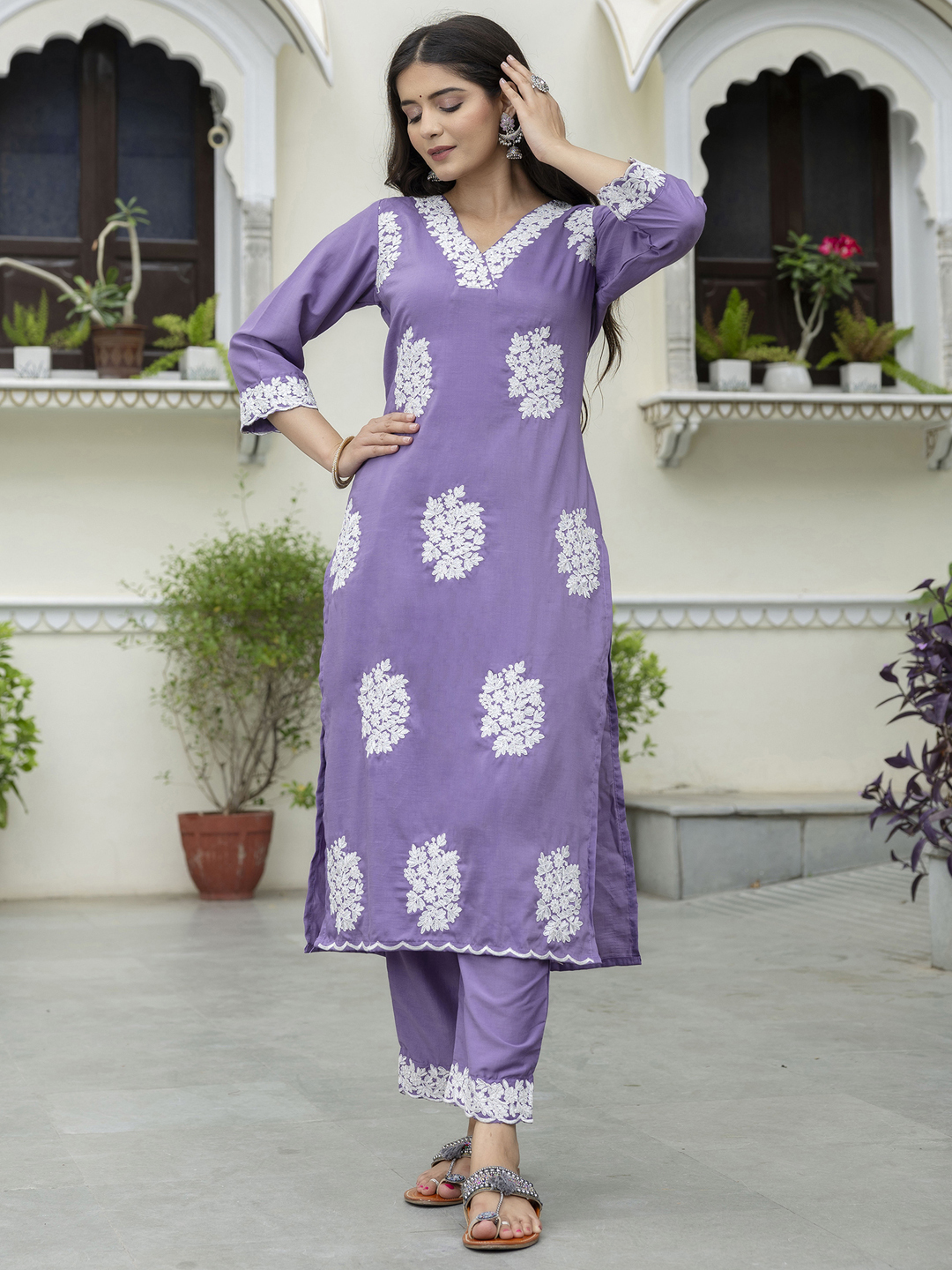 Lavender Yoke Embroidery Silk Blend Kurta Set