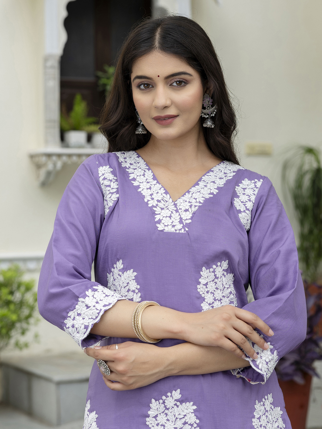 Lavender Yoke Embroidery Silk Blend Kurta Set