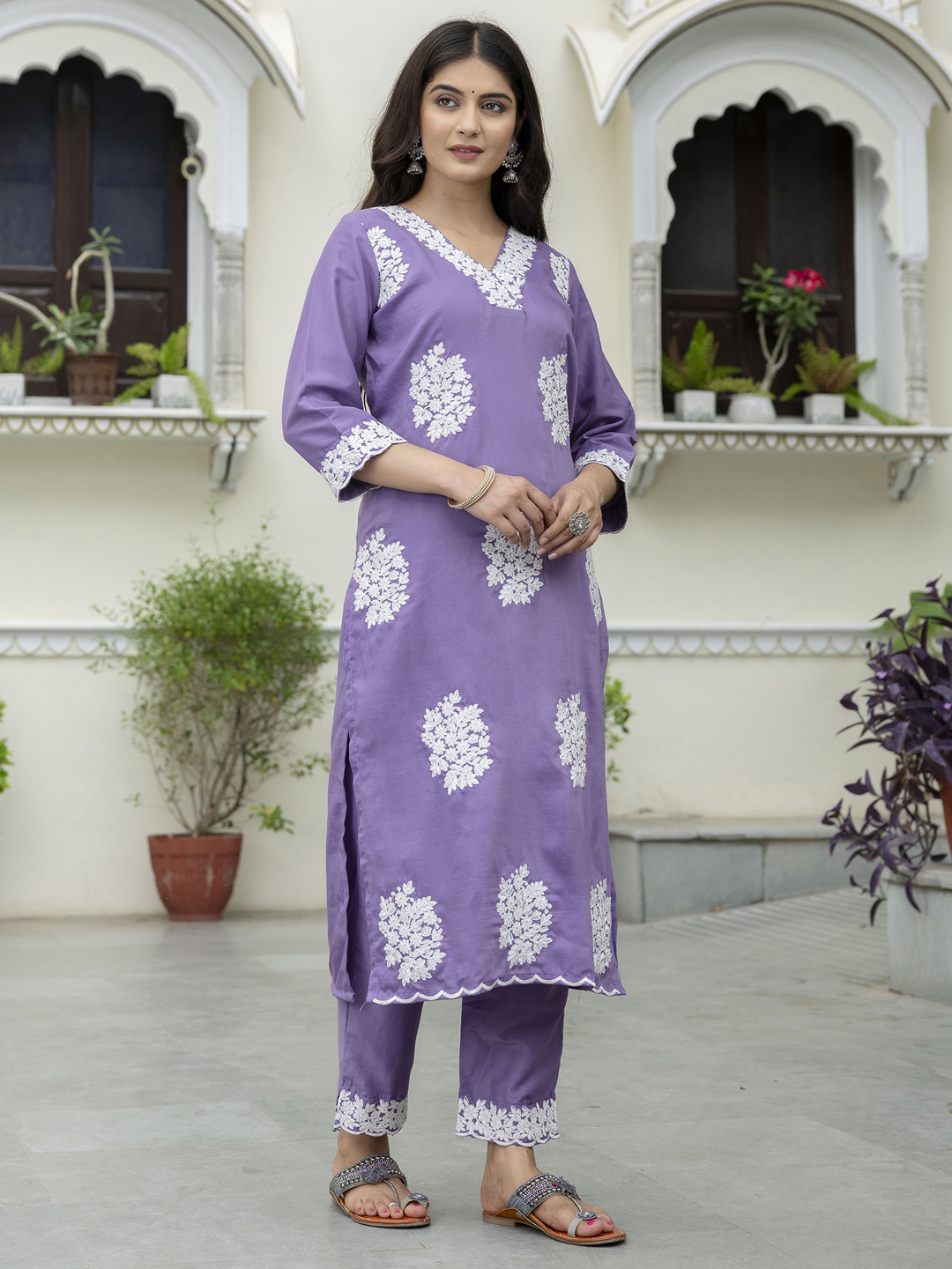 Lavender Yoke Embroidery Silk Blend Kurta Set
