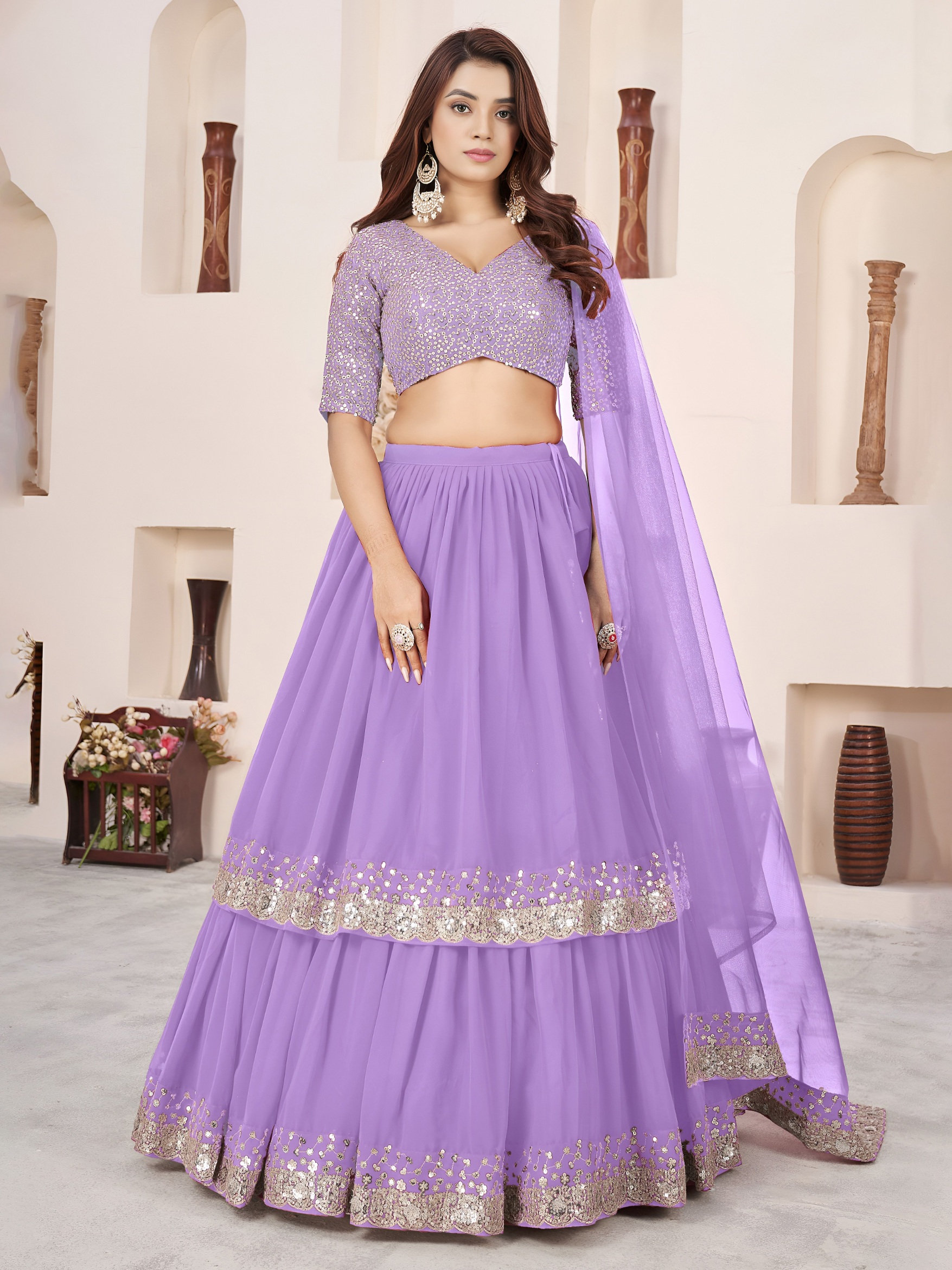 Lavender Zari Embroidered Layered Lehenga Choli