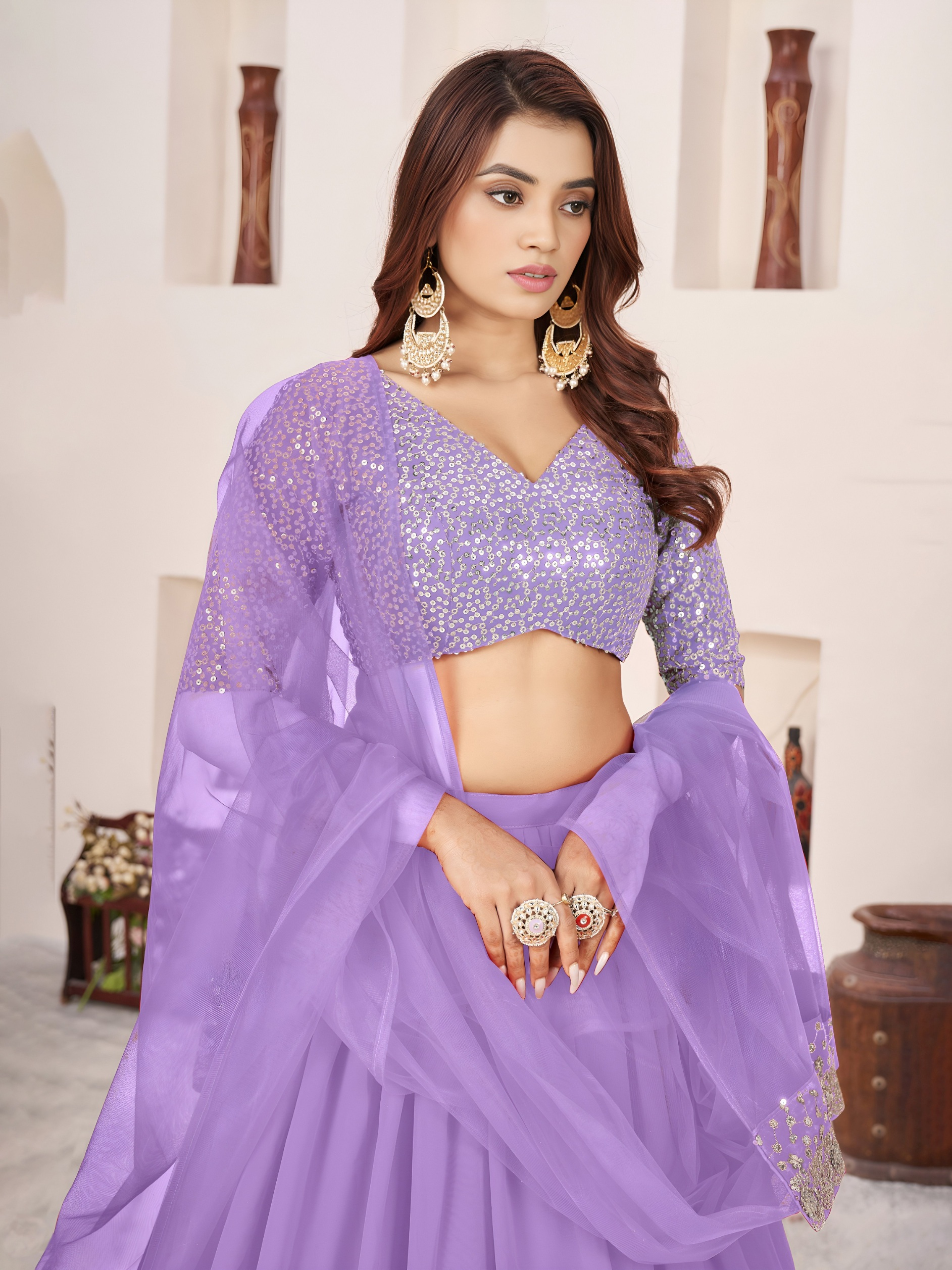 Lavender Zari Embroidered Layered Lehenga Choli