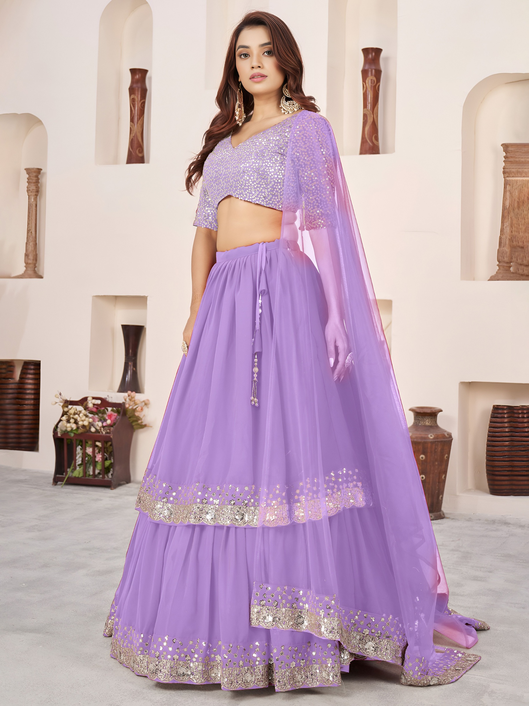 Lavender Zari Embroidered Layered Lehenga Choli