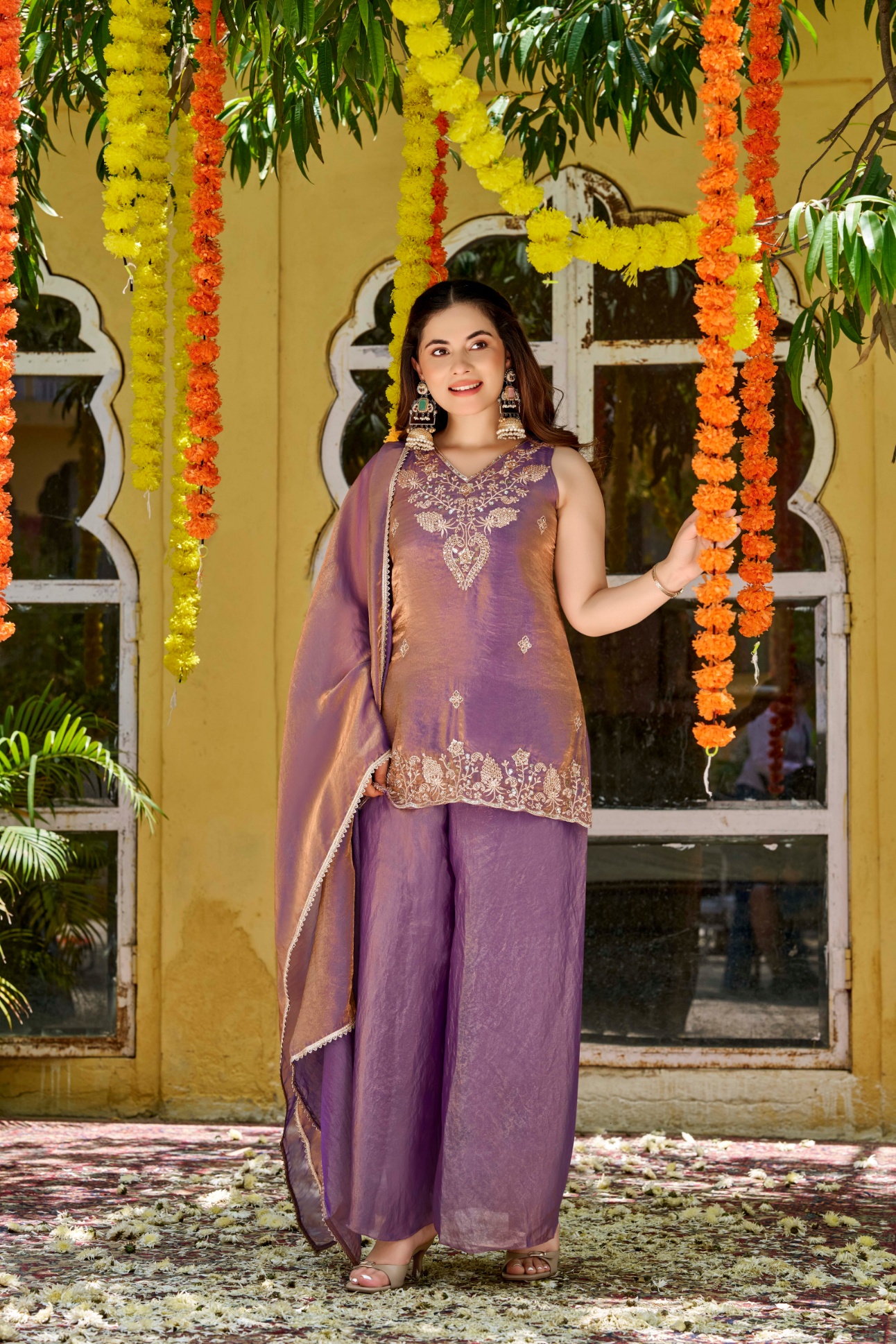 Lavender Zari Embroidered Silk Blend Palazzo Suit