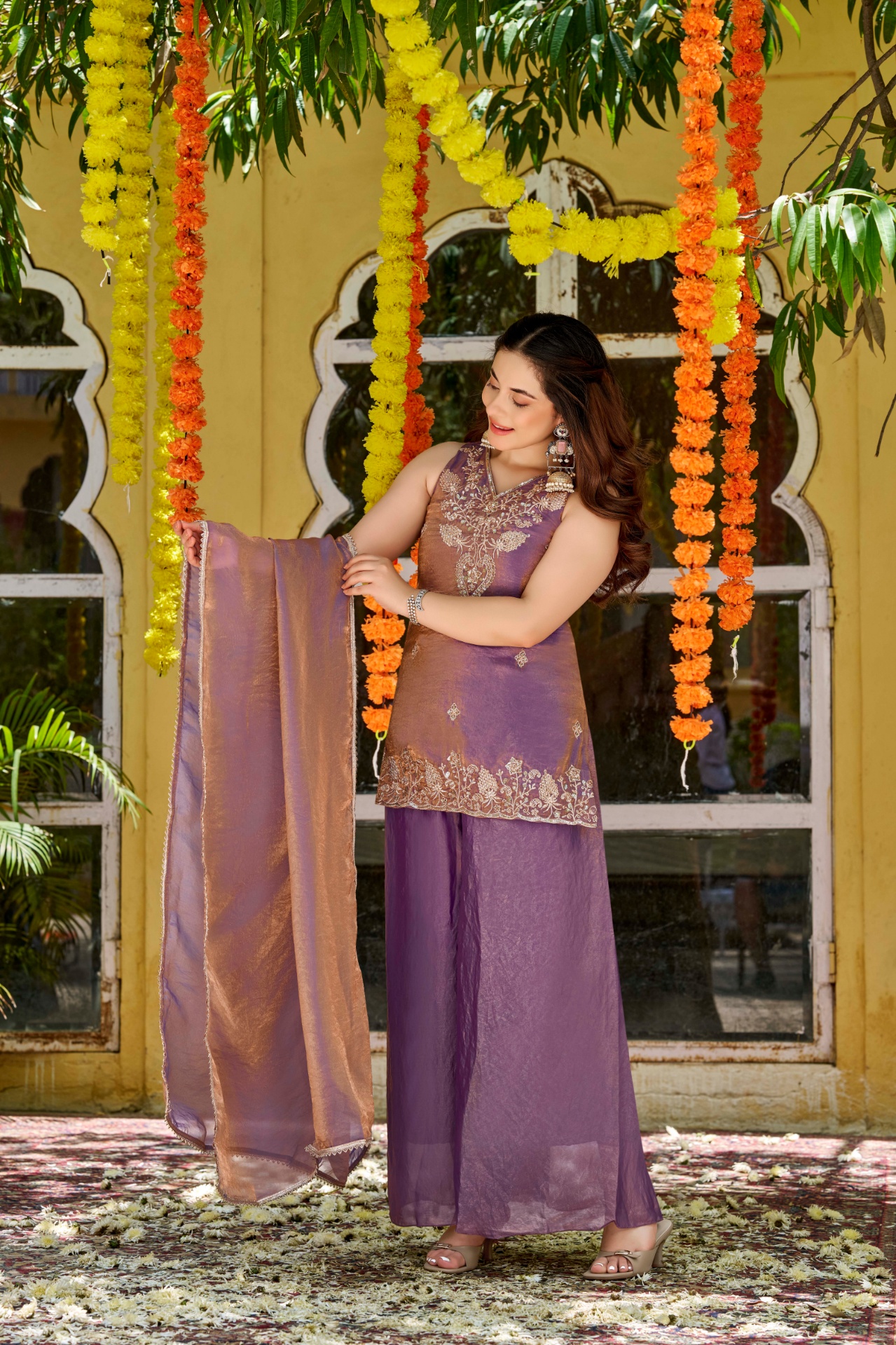 Lavender Zari Embroidered Silk Blend Palazzo Suit