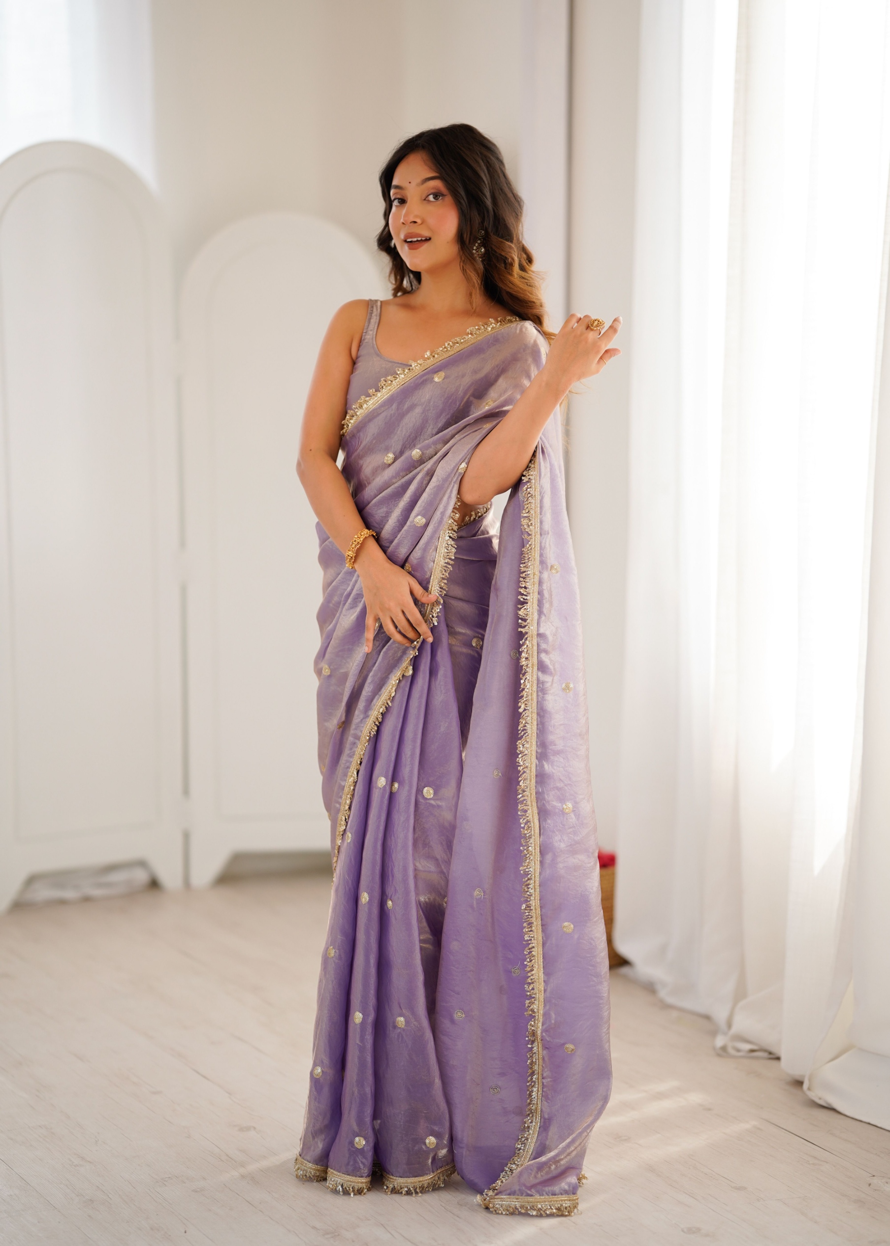 Lavender Zari Sequin Fendy Satin Saree