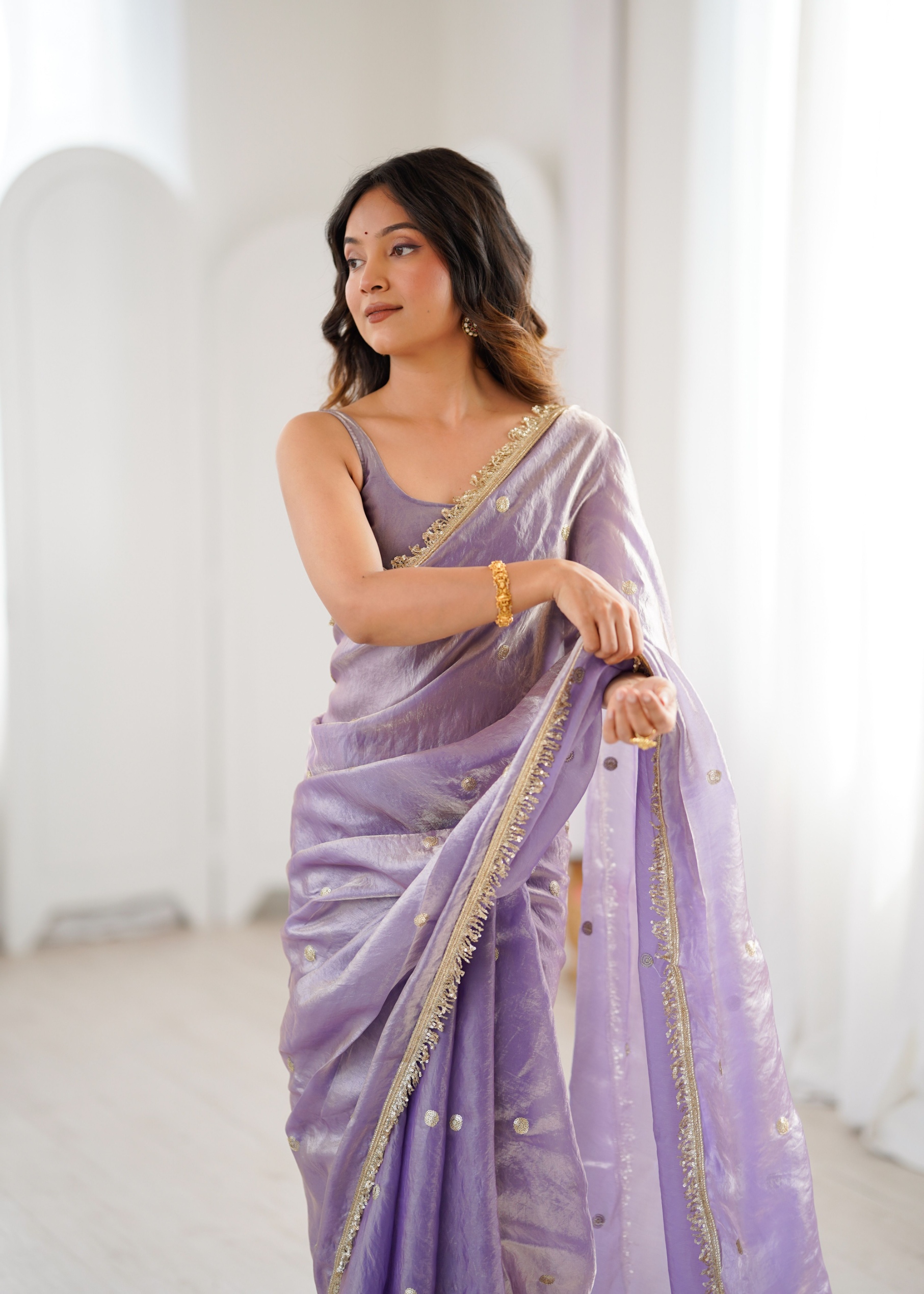 Lavender Zari Sequin Fendy Satin Saree