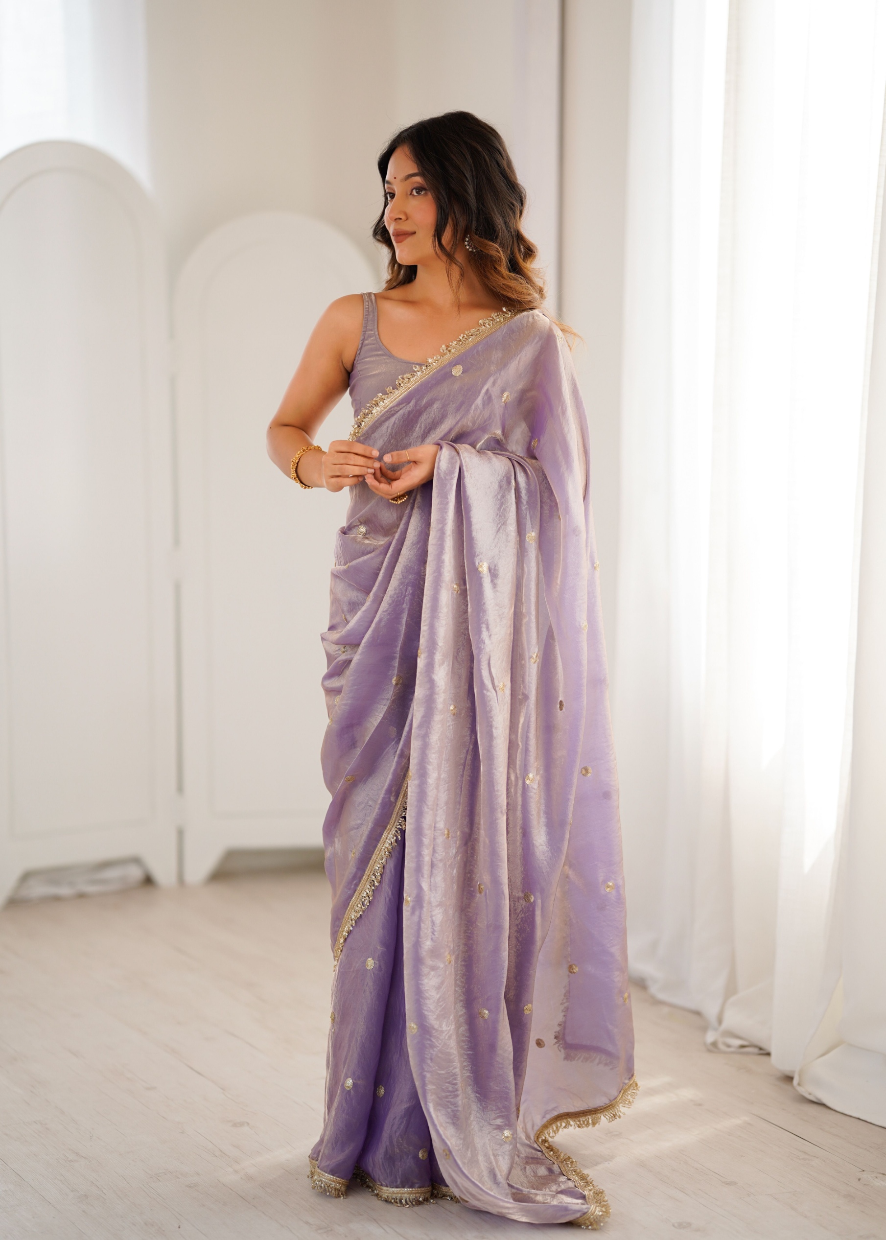 Lavender Zari Sequin Fendy Satin Saree