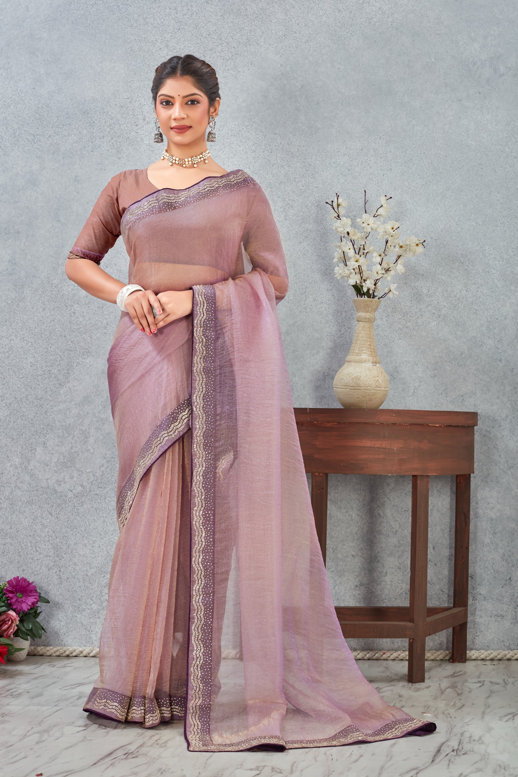 Lavender Zircon Border Soft Silk Saree