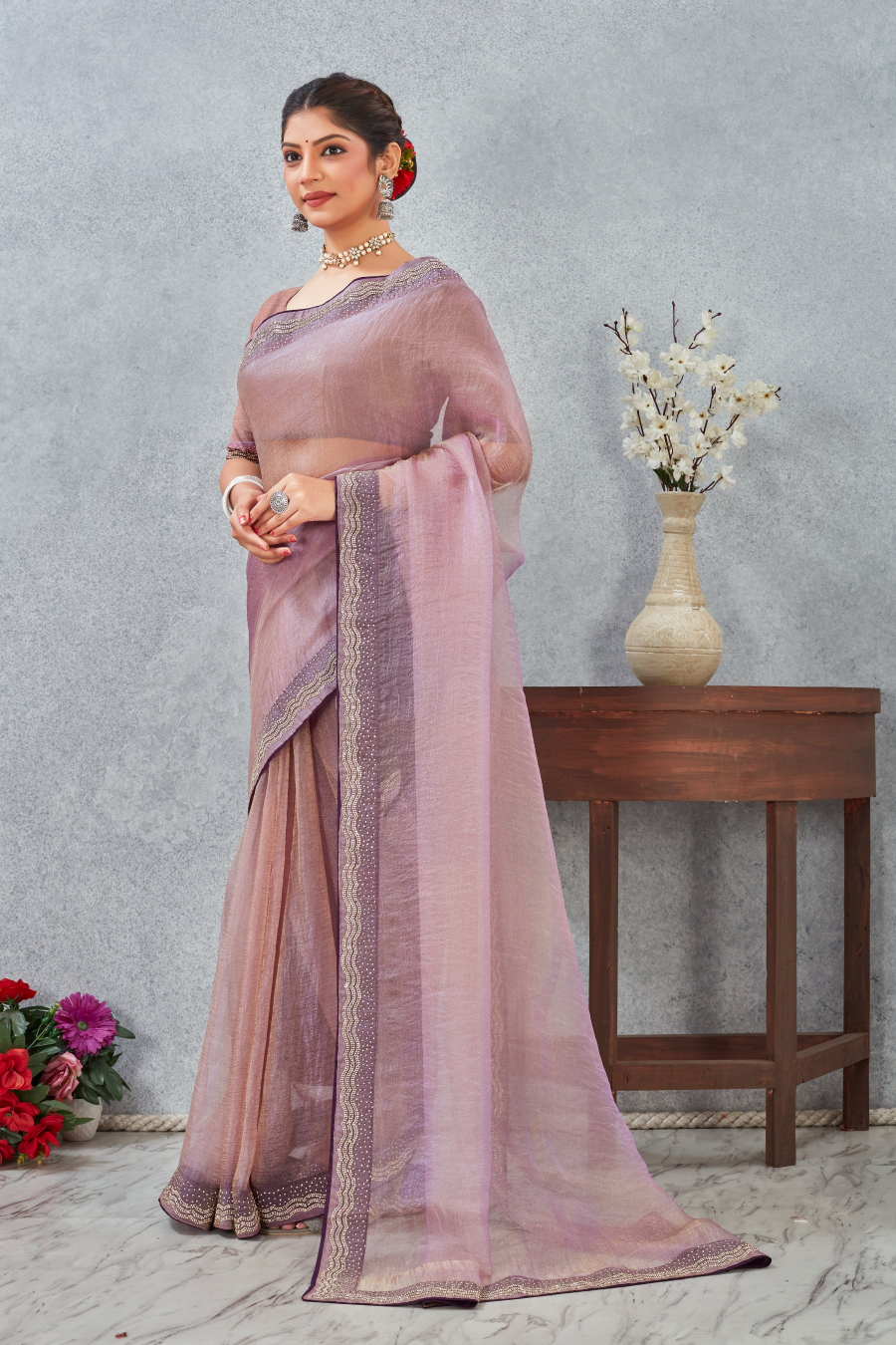 Lavender Zircon Border Soft Silk Saree