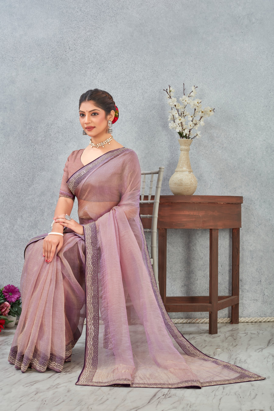 Lavender Zircon Border Soft Silk Saree