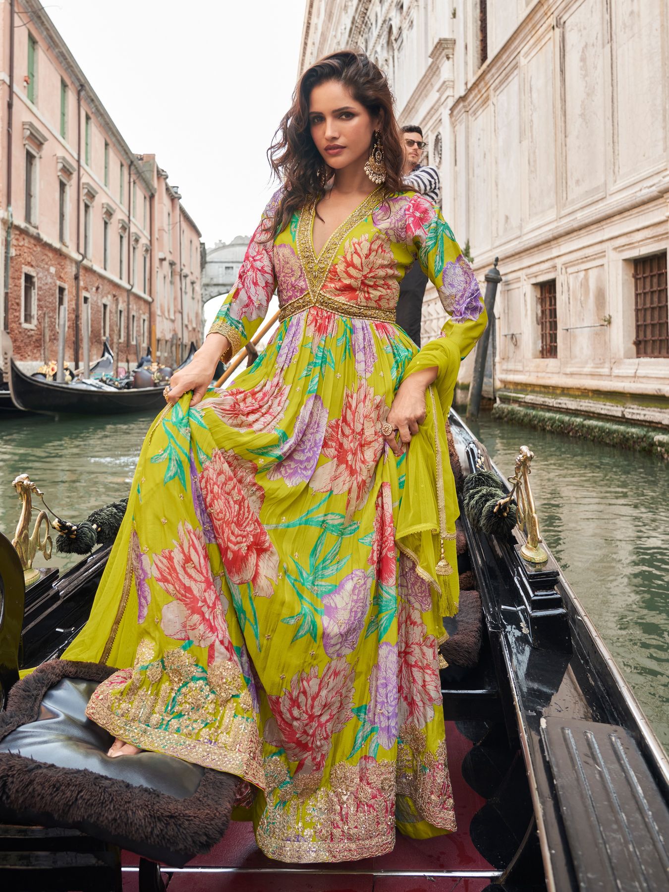 Lemon Chinon Printed Embroidered Anarkali Gown
