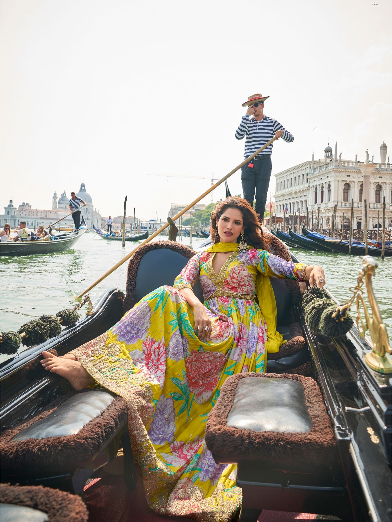 Lemon Chinon Printed Embroidered Anarkali Gown