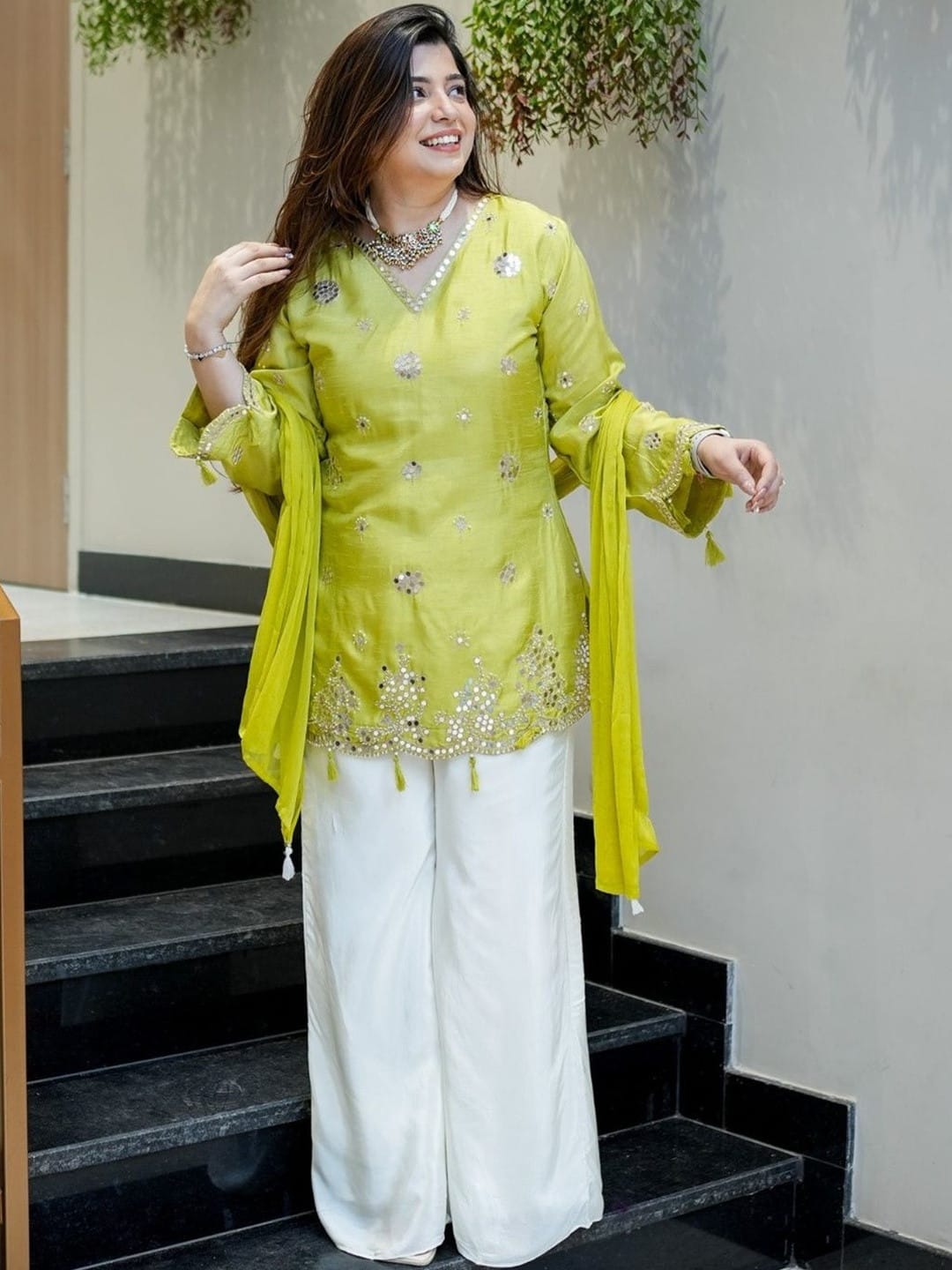 Lemon Embroidered Silk Indo-Western Co-ord Set