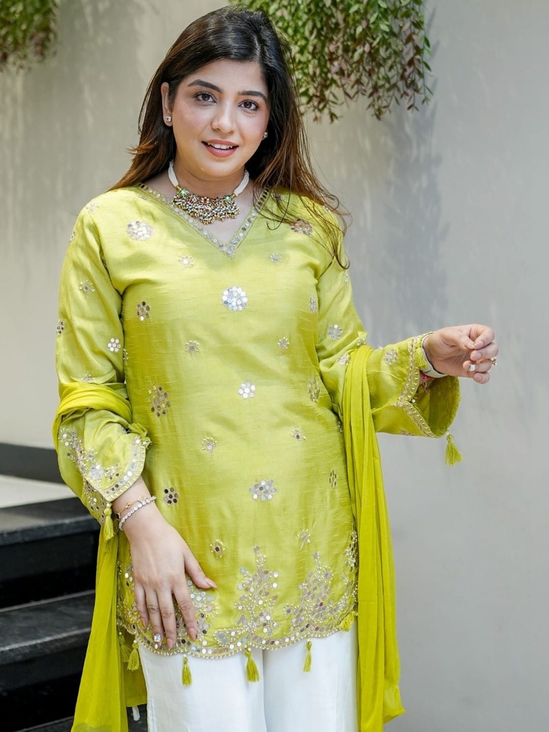 Lemon Embroidered Silk Indo-Western Co-ord Set — alternate view