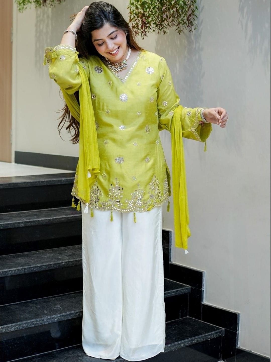 Lemon Embroidered Silk Indo-Western Co-ord Set