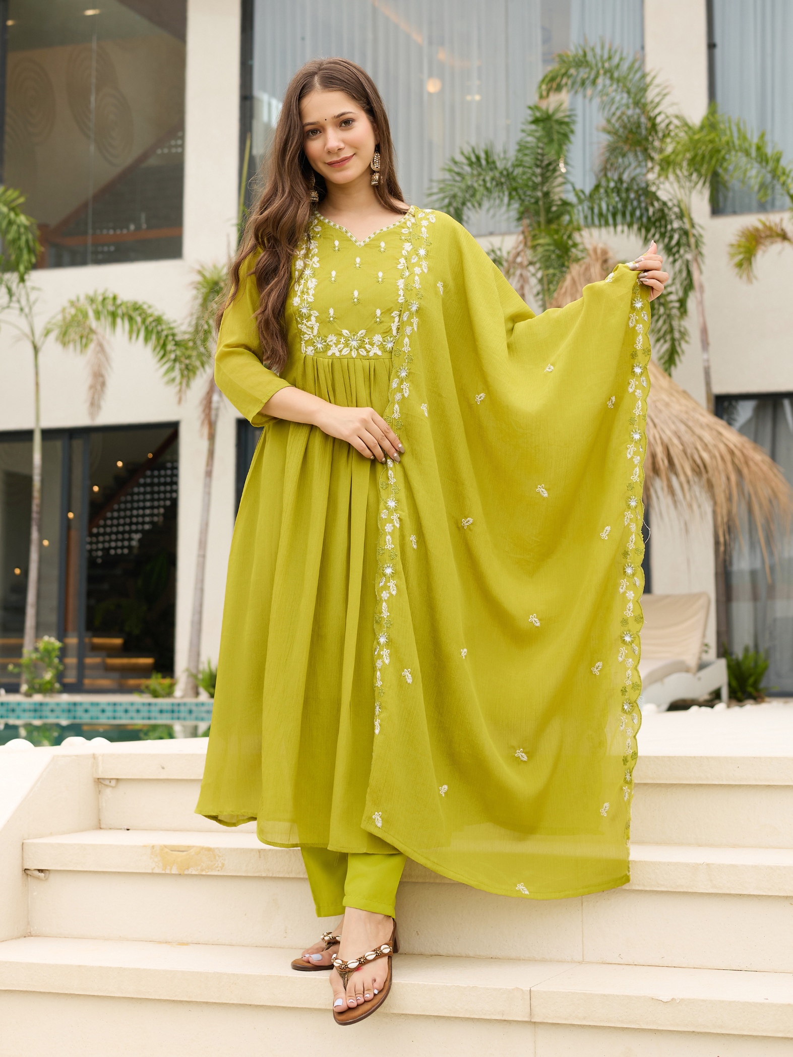 Lemon Floral Designer Embroidery Chinon Anarkali Suit
