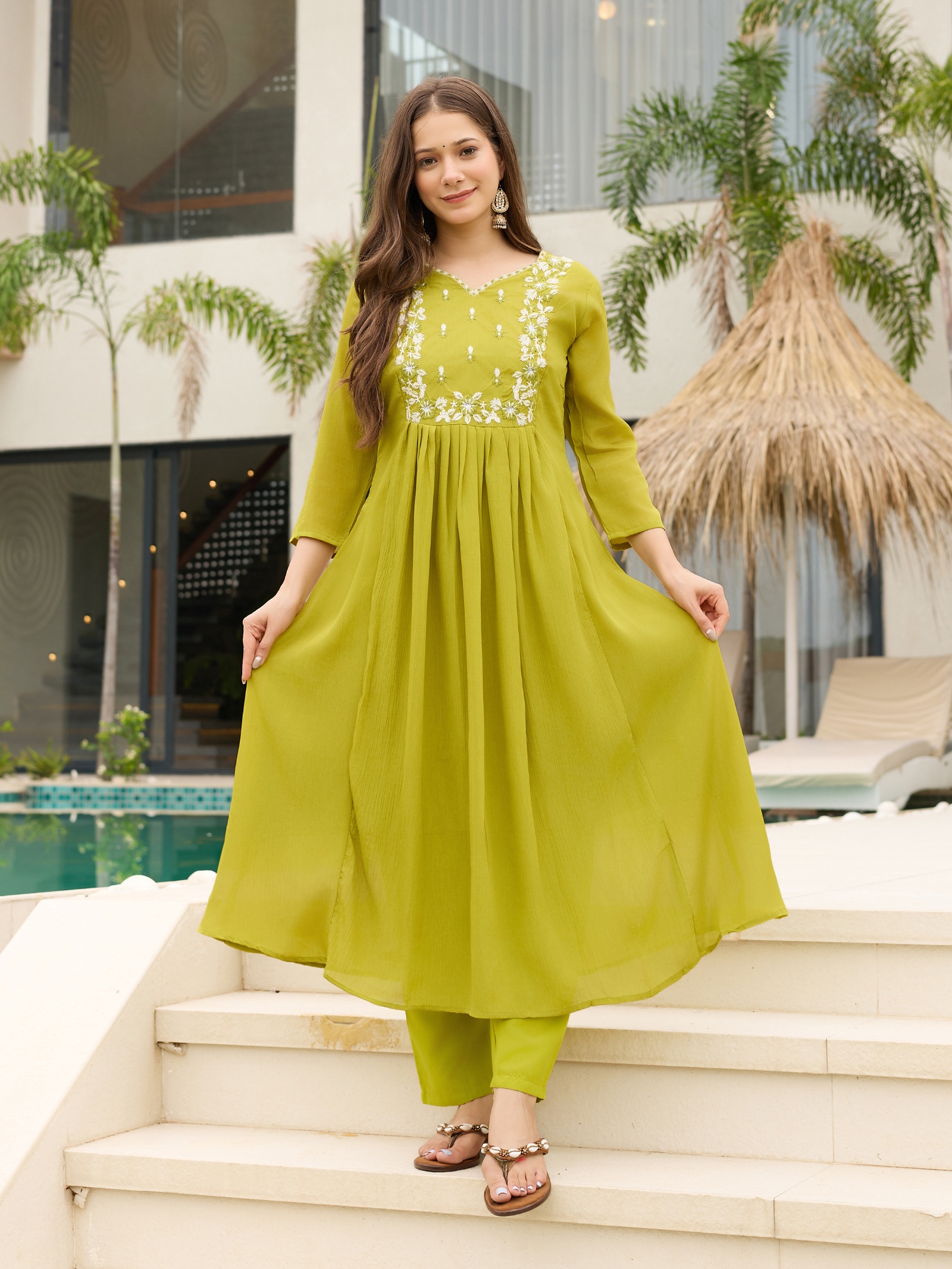 Lemon Floral Designer Embroidery Chinon Anarkali Suit