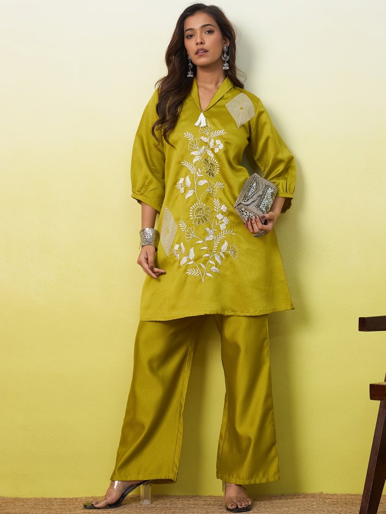 Lemon Floral Embroidered Viscose Rayon Co-Ord Set