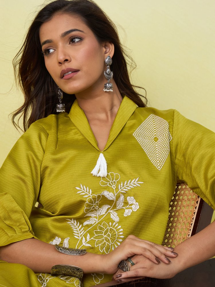Lemon Floral Embroidered Viscose Rayon Co-Ord Set