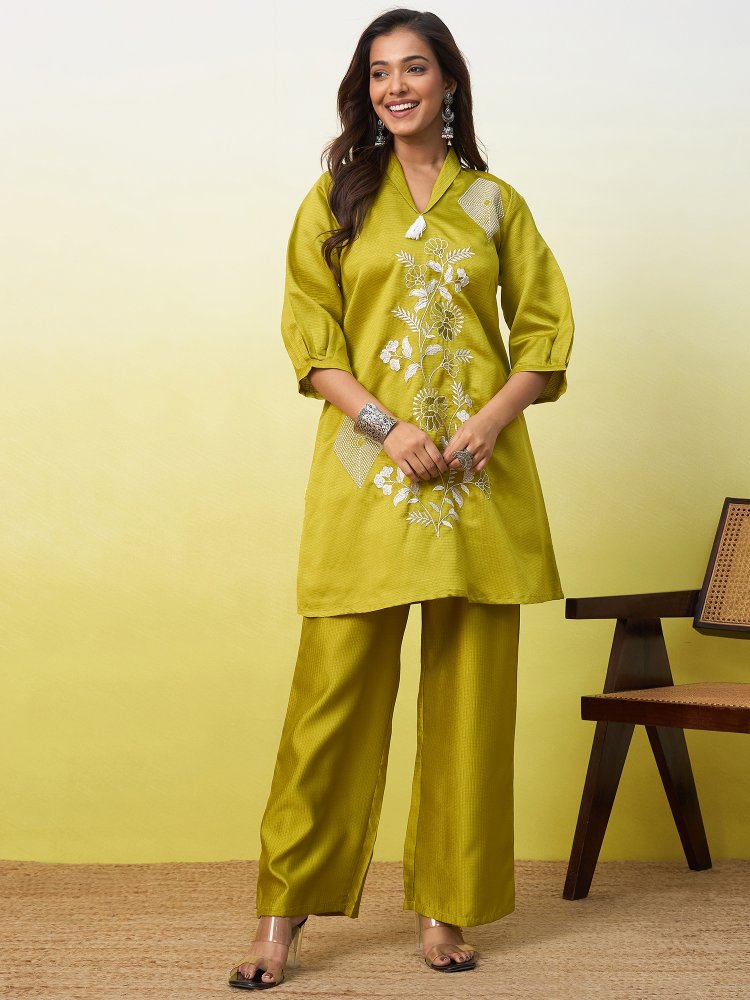 Lemon Floral Embroidered Viscose Rayon Co-Ord Set