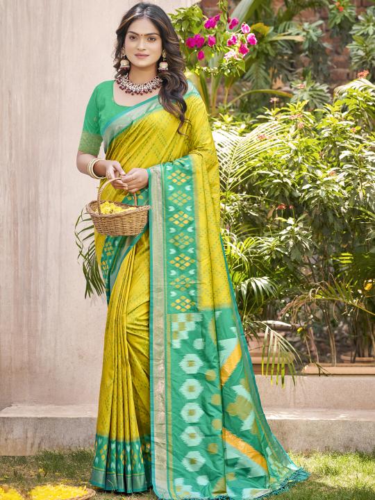 Lemon Green Pochampalli Silk Saree