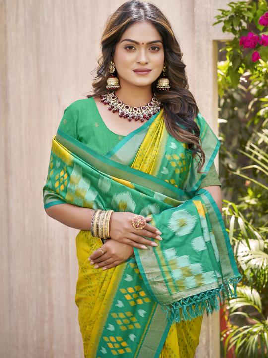 Lemon Green Pochampalli Silk Saree — alternate view