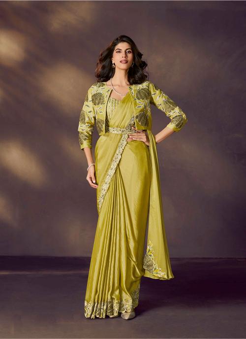 Lemon Green Soft Satin Silk Ready To Wear Saree