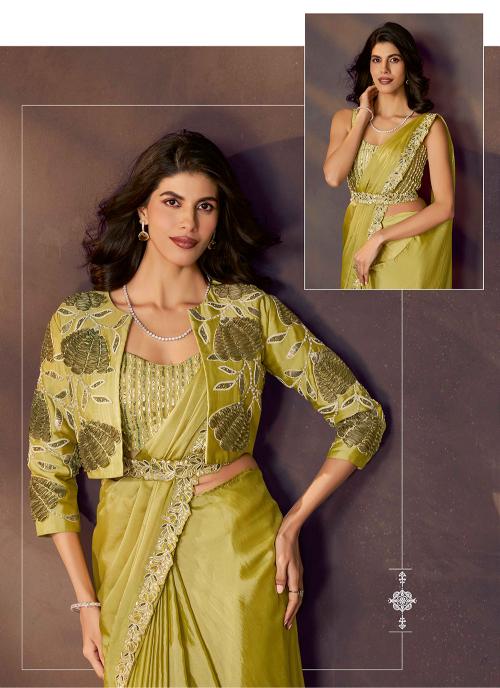 Lemon Green Soft Satin Silk Ready To Wear Saree — alternate view