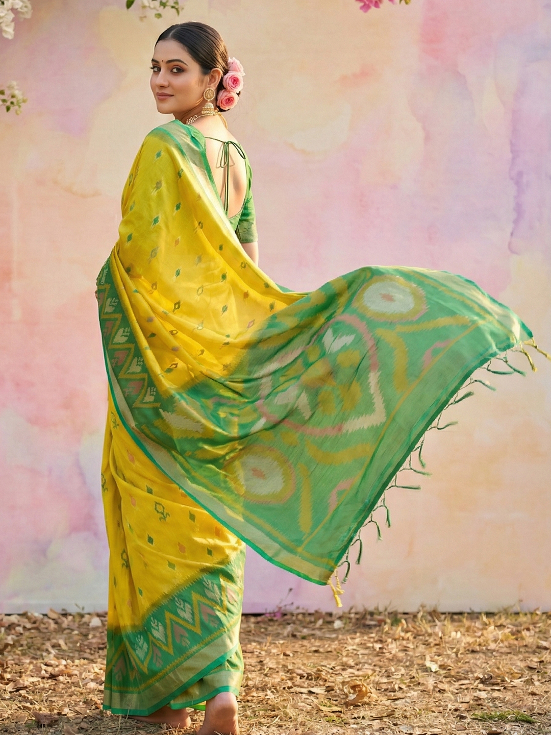 Lemon Green Woven Soft Silk Designer Saree — alternate view