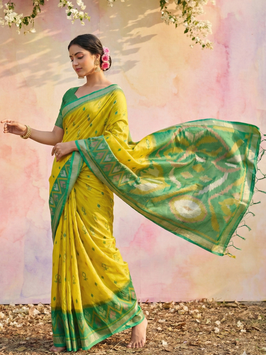 Lemon Green Woven Soft Silk Designer Saree