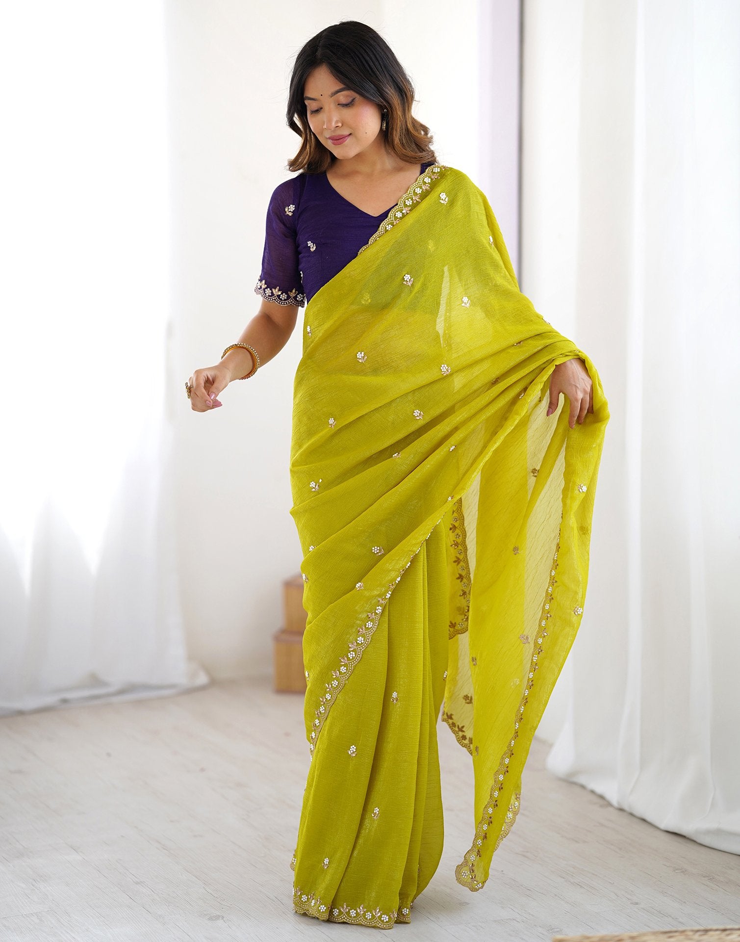 Lemon Pearl Work Embroidered Chinon Saree