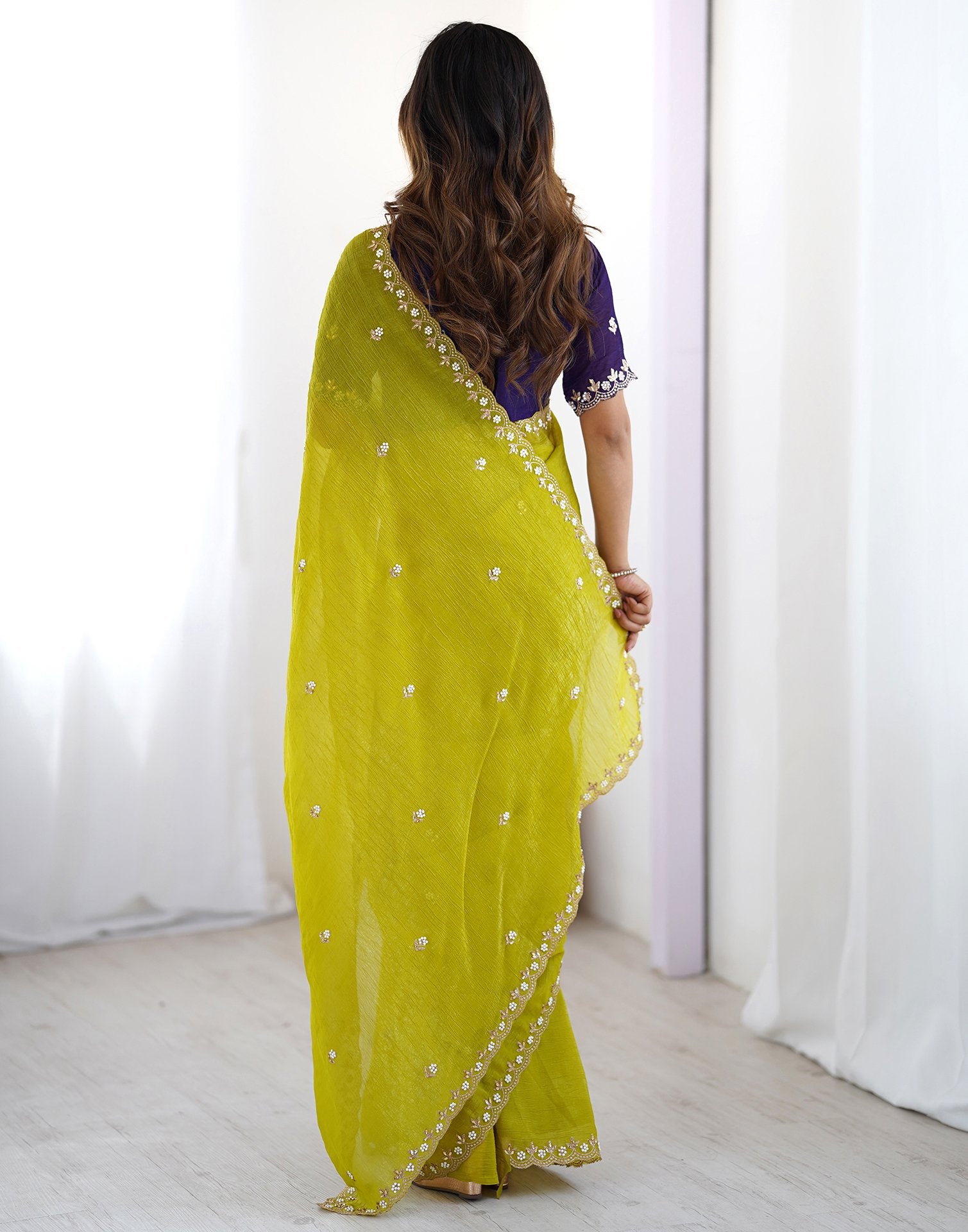 Lemon Pearl Work Embroidered Chinon Saree — alternate view