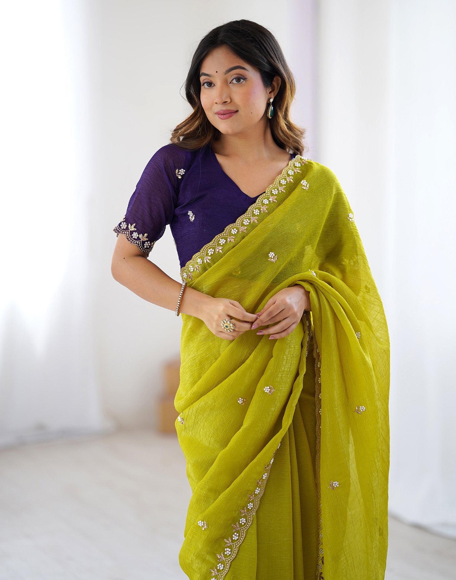 Lemon Pearl Work Embroidered Chinon Saree
