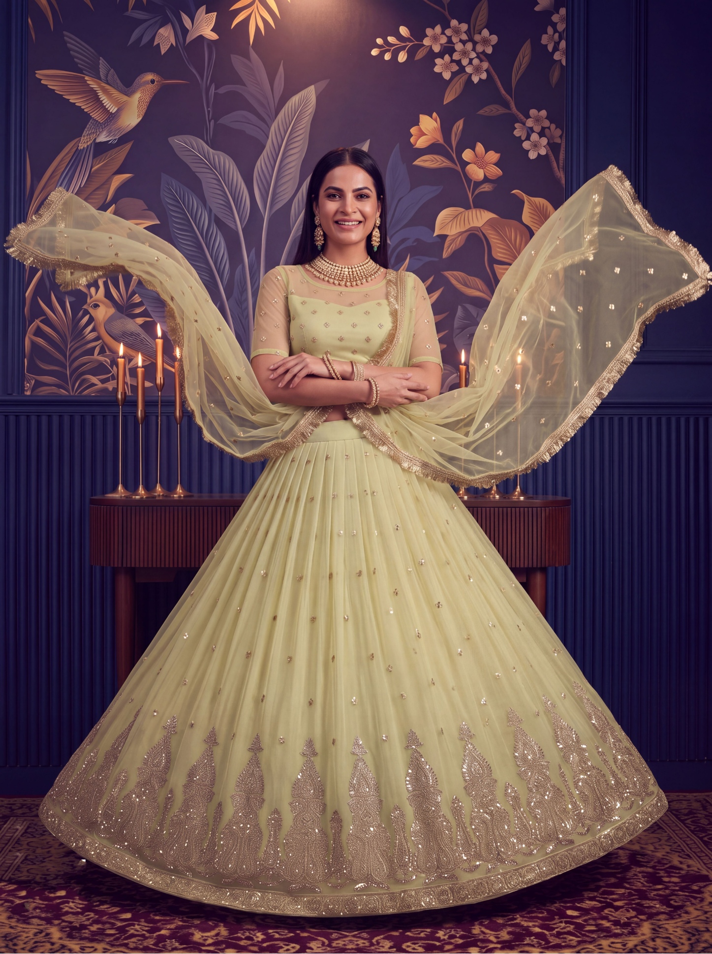 Lemon Sequin Butterfly Net Lehenga Choli