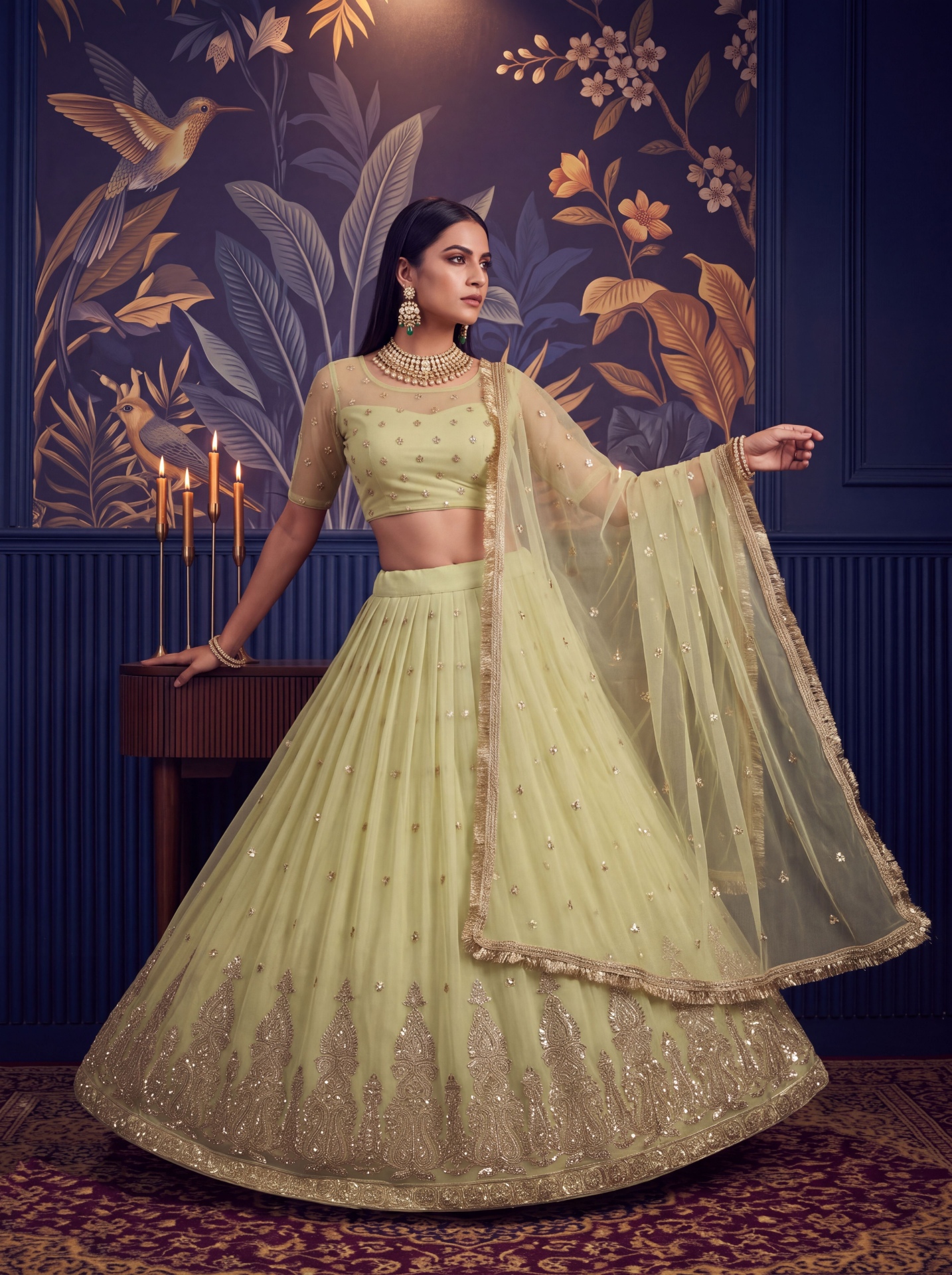 Lemon Sequin Butterfly Net Lehenga Choli