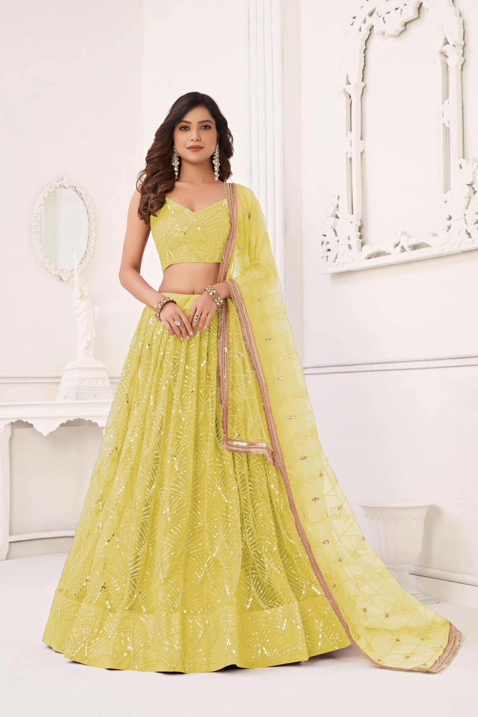 Lemon Sequins Embroidered Butterfly Net Lehenga Choli