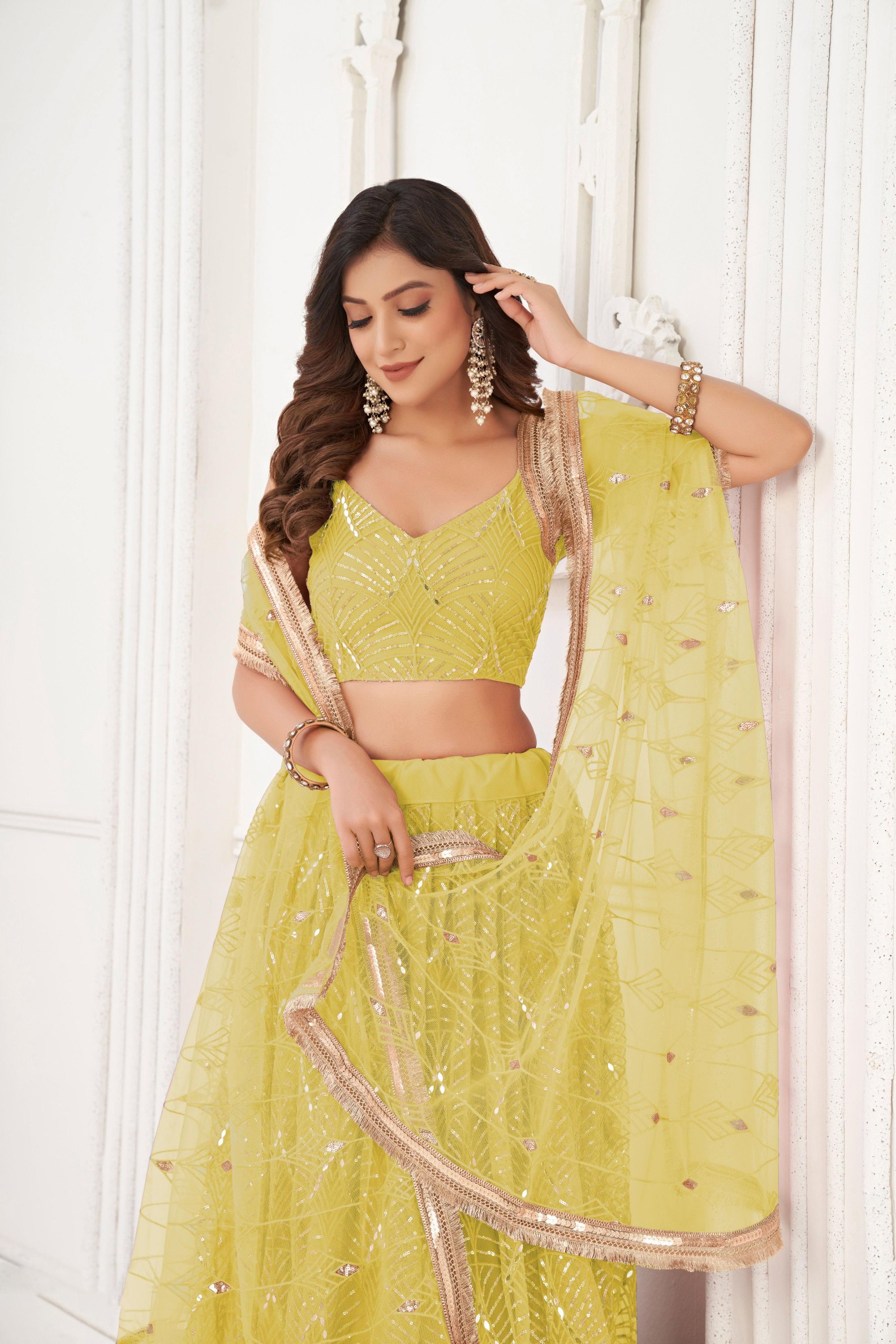 Lemon Sequins Embroidered Butterfly Net Lehenga Choli