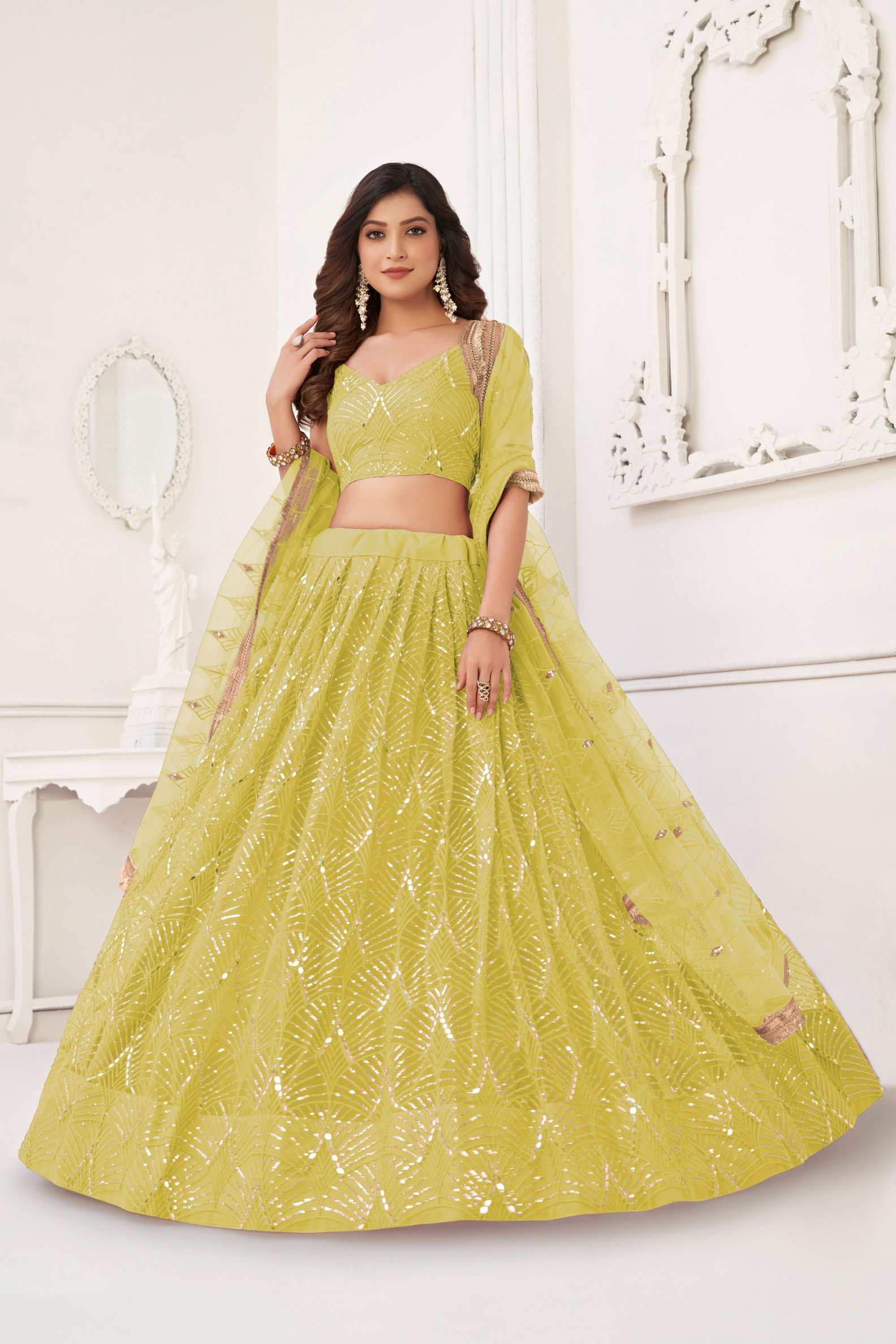 Lemon Sequins Embroidered Butterfly Net Lehenga Choli