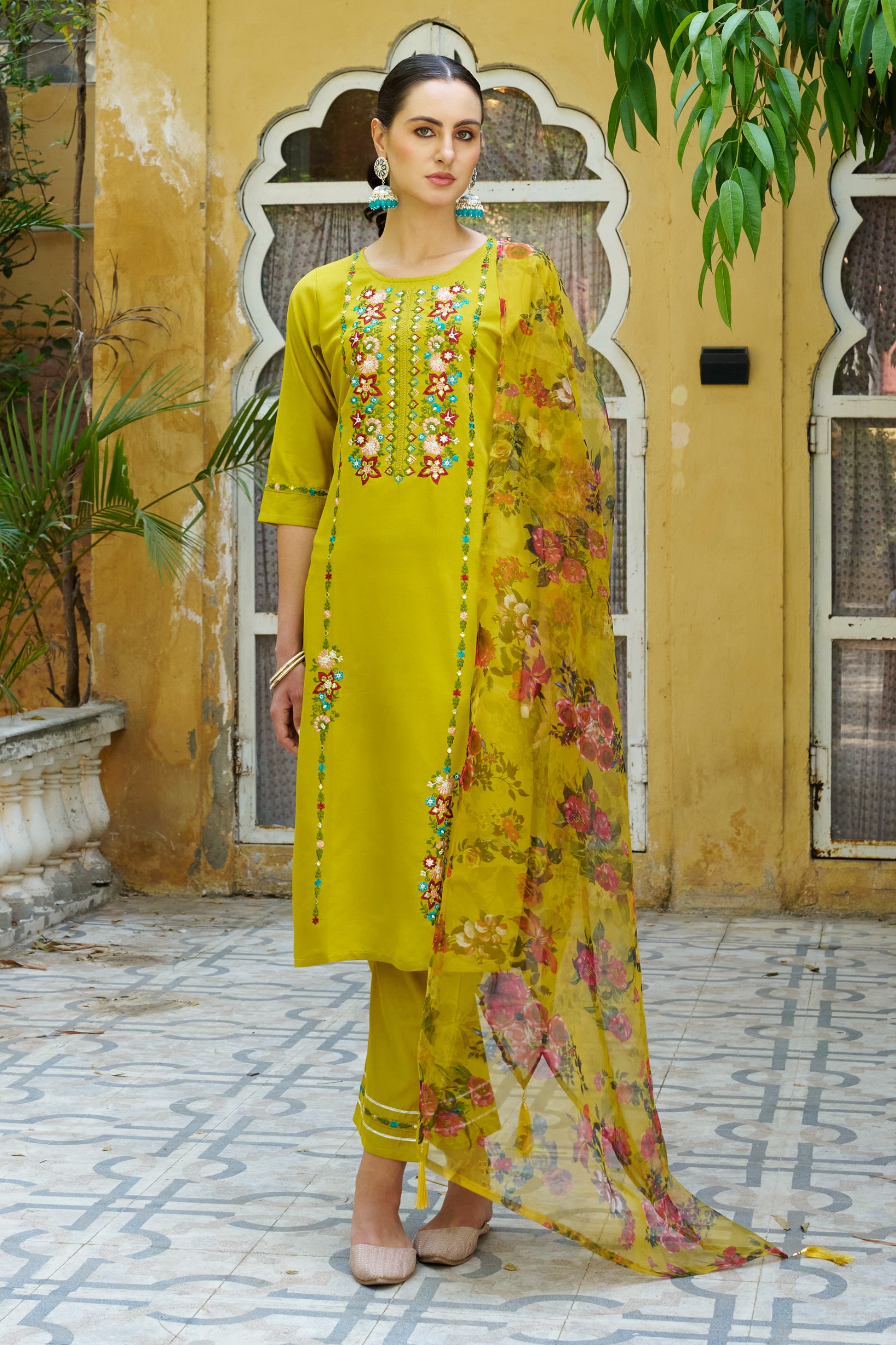 Lemon Viscose Rayon Embroidered Salwar Suit