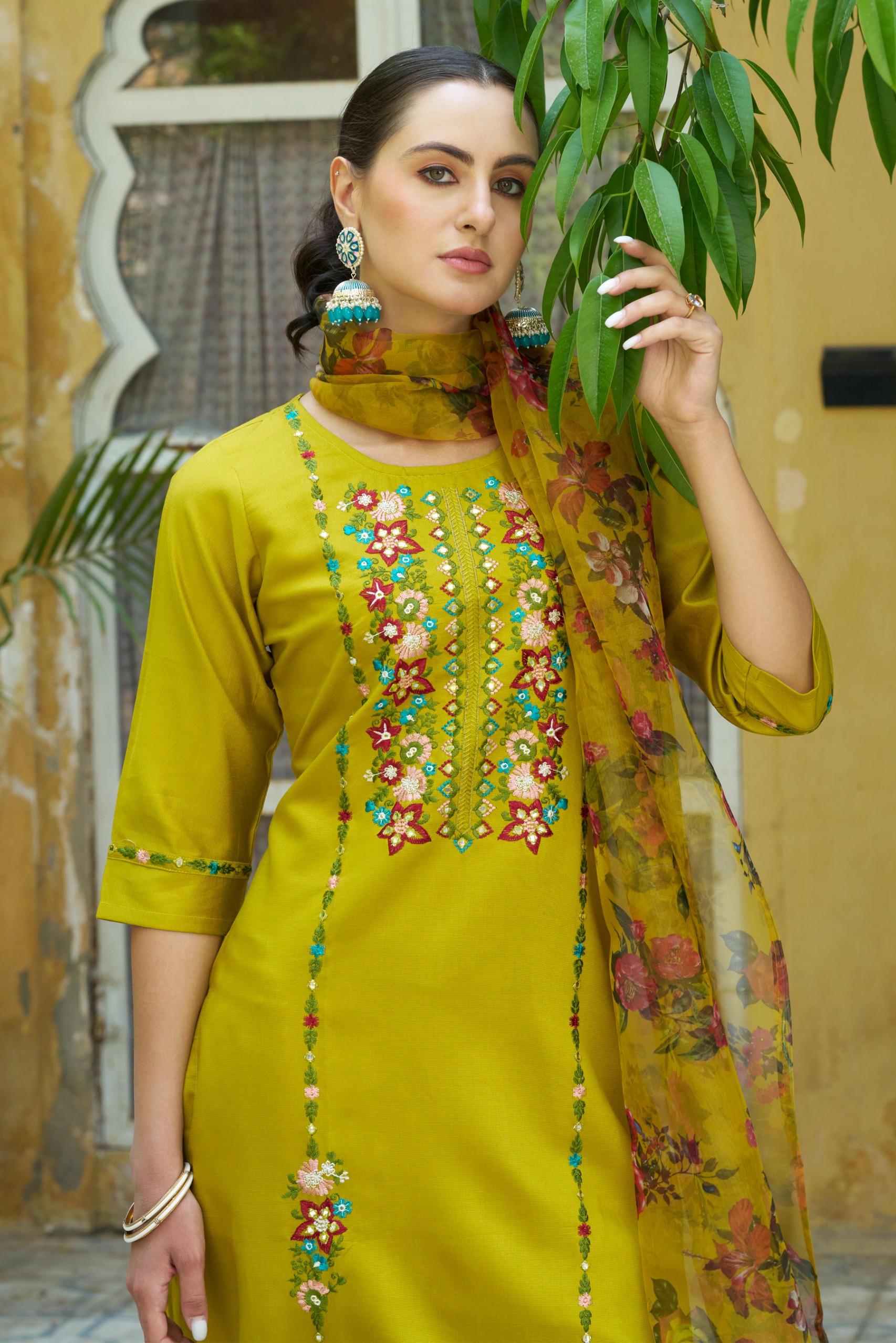Lemon Viscose Rayon Embroidered Salwar Suit