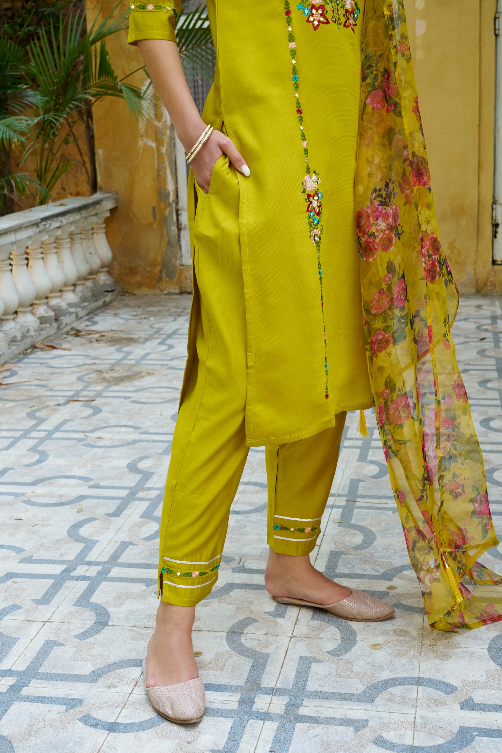 Lemon Viscose Rayon Embroidered Salwar Suit