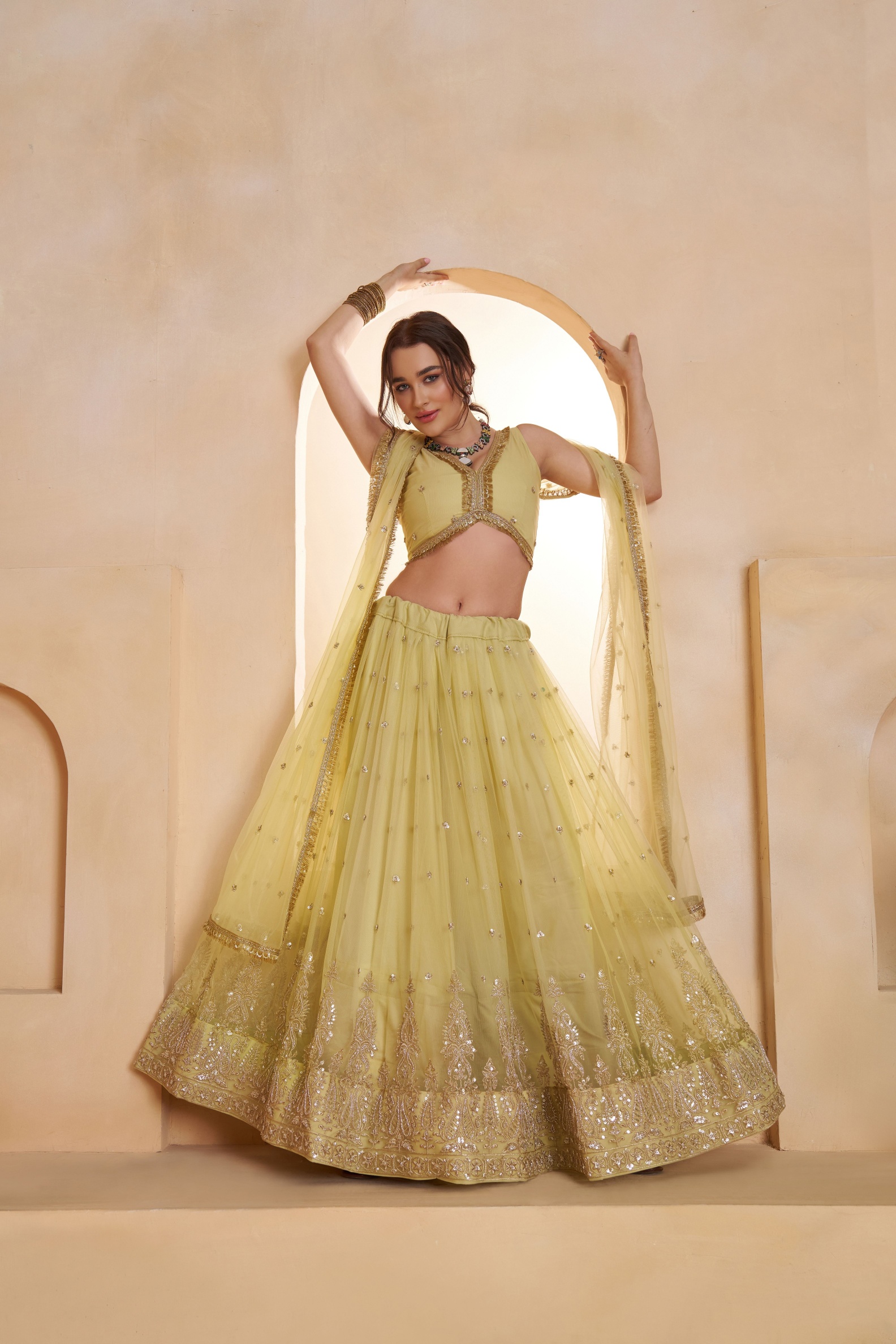 Lemon Yellow Butterfly Net Thread N Sequins Embroidered Lehenga Choli