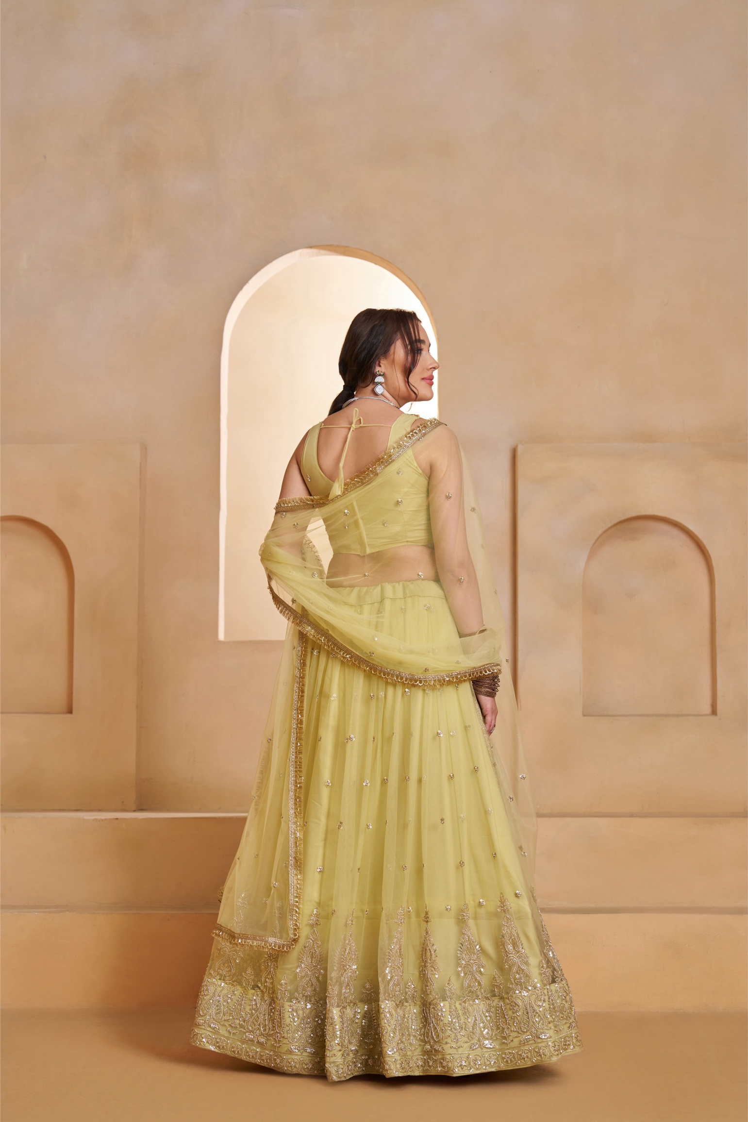 Lemon Yellow Butterfly Net Thread N Sequins Embroidered Lehenga Choli — alternate view