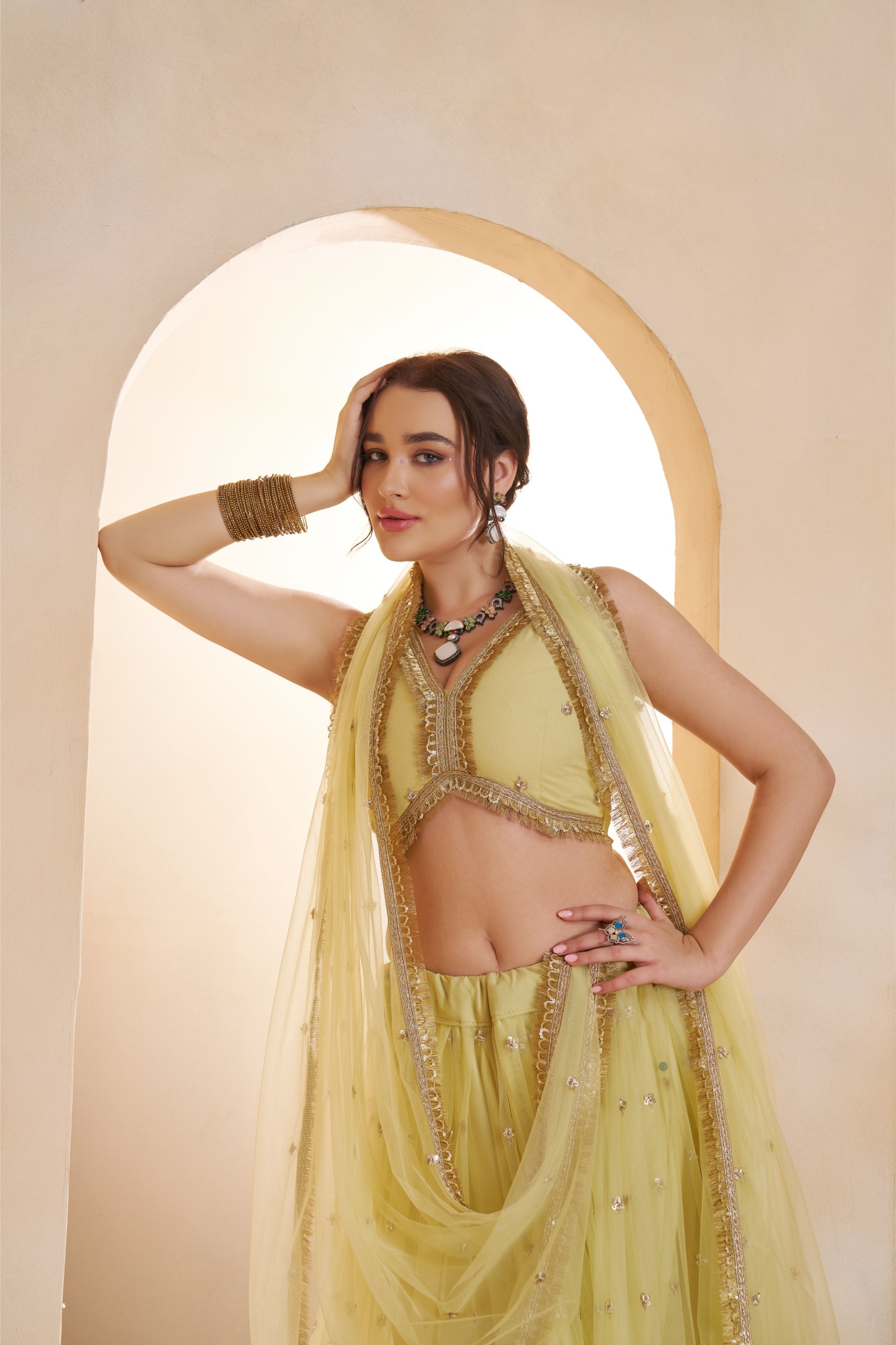 Lemon Yellow Butterfly Net Thread N Sequins Embroidered Lehenga Choli